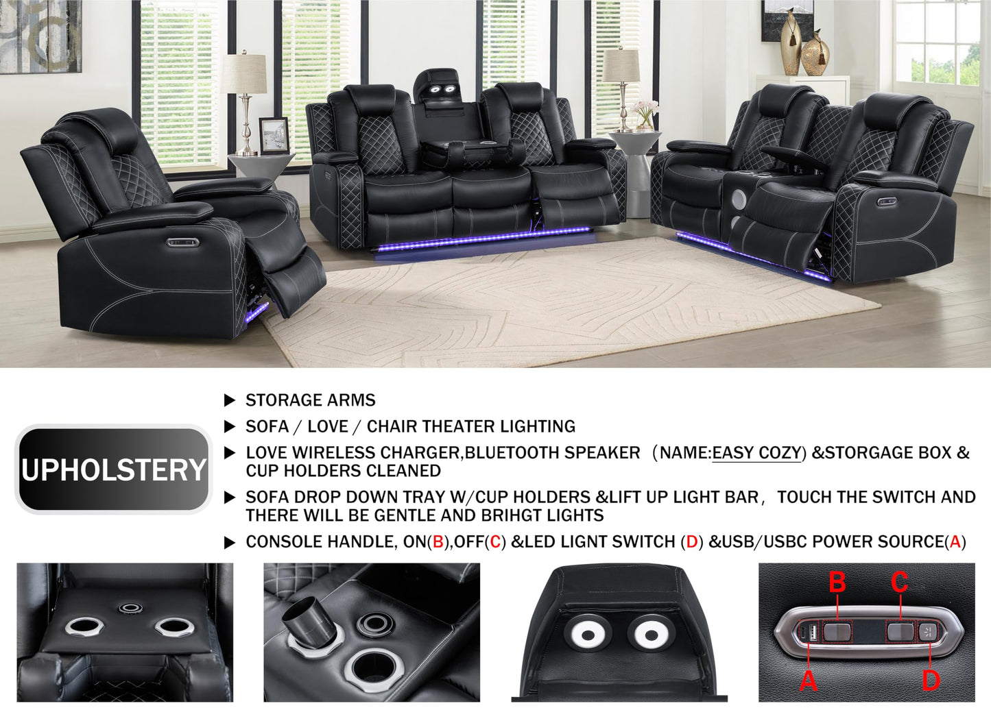 Ball & Cast Power Recliner Sofa Set Leather Reclining Couch Home Theater Seating 3PCS Recliner Couch Loveseat & Chair Sets with Coffee Table,Reading Light,Cup Holders for Home Theater,Living Room