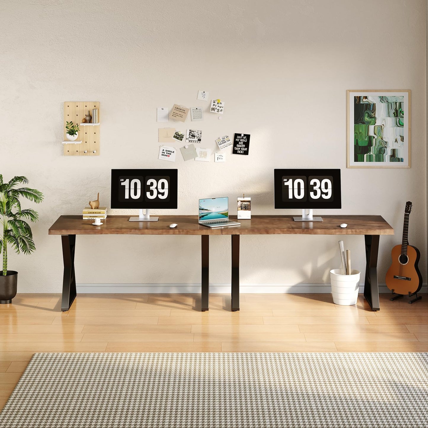 QZYJKJ 55 Inch Solid Wood Computer Desk, Rustic Brown Home Office Desk with Metal Frame, Large Writing Desk for Study, Gaming, Workstation & Dining Room, Modern Farmhouse Design