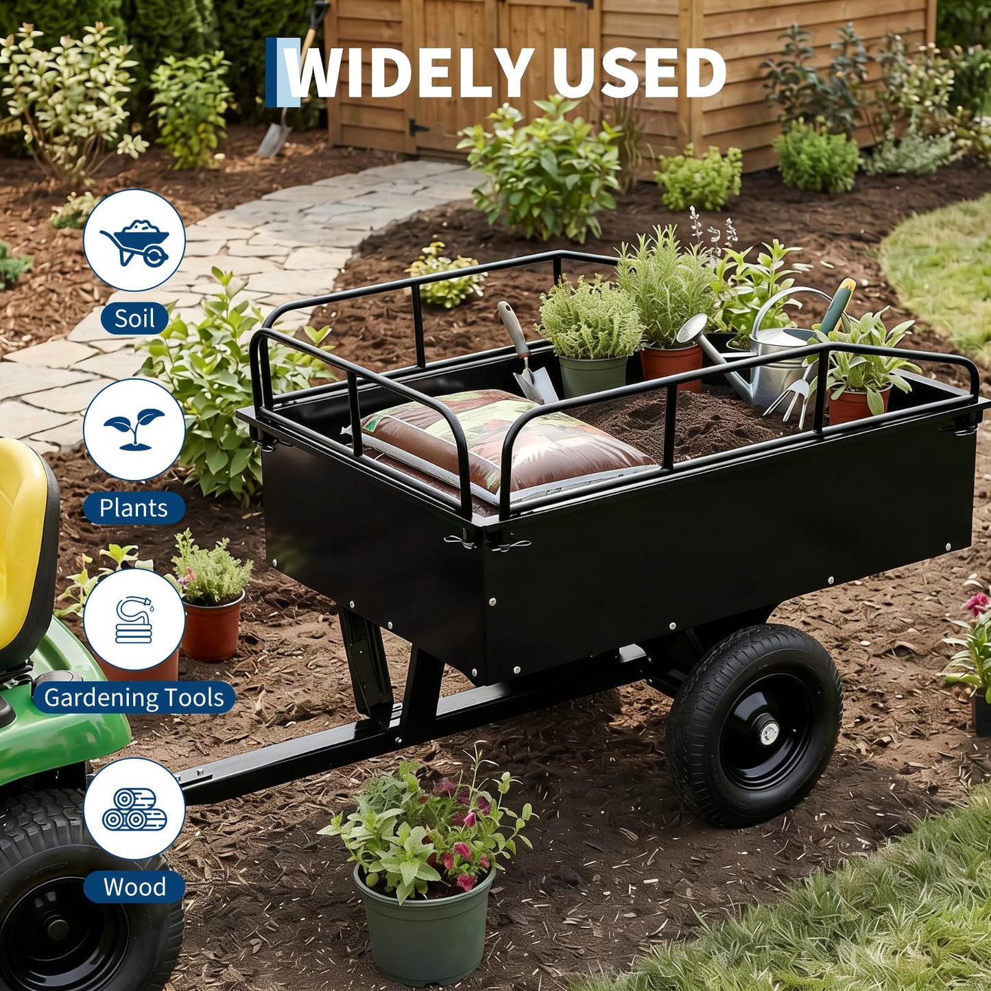 750 LBS Capacity Utility Dump Trailer, 15 Cu Ft Heavy Duty Steel Garden Dump Cart with Removable Sides, Foot Pedal & Hand Pull Design, Compatible with ATV UTV Lawn Mower Tractor