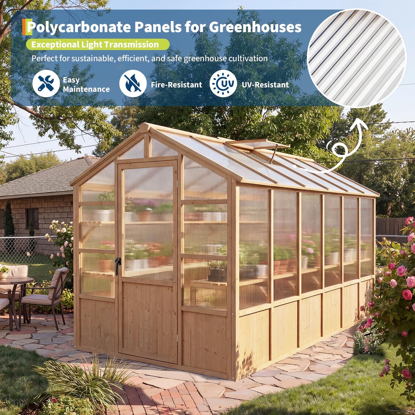 6x12 FT Wooden Greenhouse for Outdoor, Walk-in Greenhouse Kit with Ventilated Window & Lockable Door & Polycarbonate Panels, Large Wood Frame Green House for Garden, Backyard, Patio, Lawn, Plant