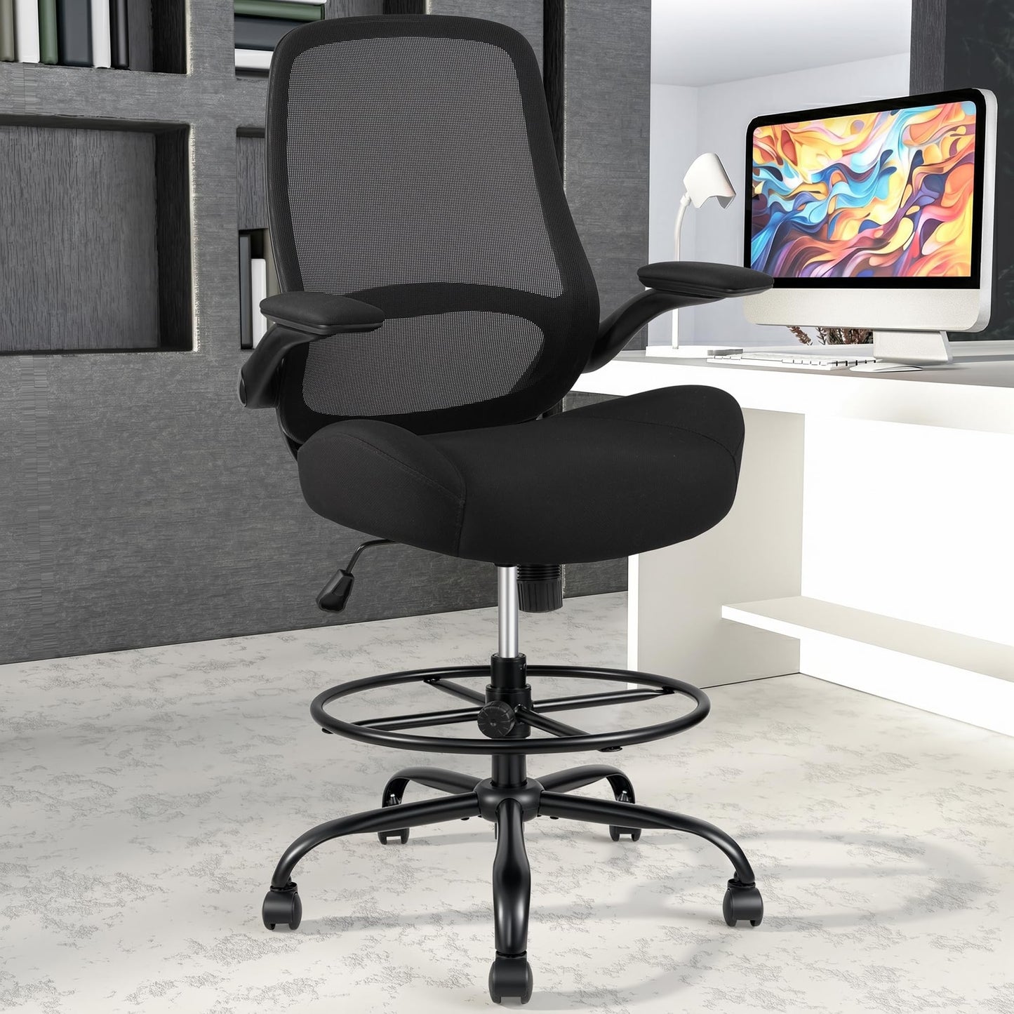 HYLONE 400lbs Big and Tall Heavy Duty Drafting Chair 5" Thickened Seat Tall Office Chair Flip-Up Armrests Ergonomic Chair with Lumbar Support and Adjustable Footrest Ring Standing Desk Chair (Black)