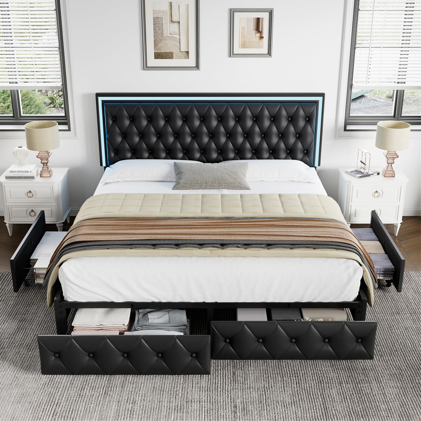 Keyluv Queen Size LED Bed Frame with 4 Storage Drawers and Adjustable Headboard, PU Leather Upholstered Button Tufted Modern Platform Bed, Solid Wooden Slats Support, Easy Assembly, Black