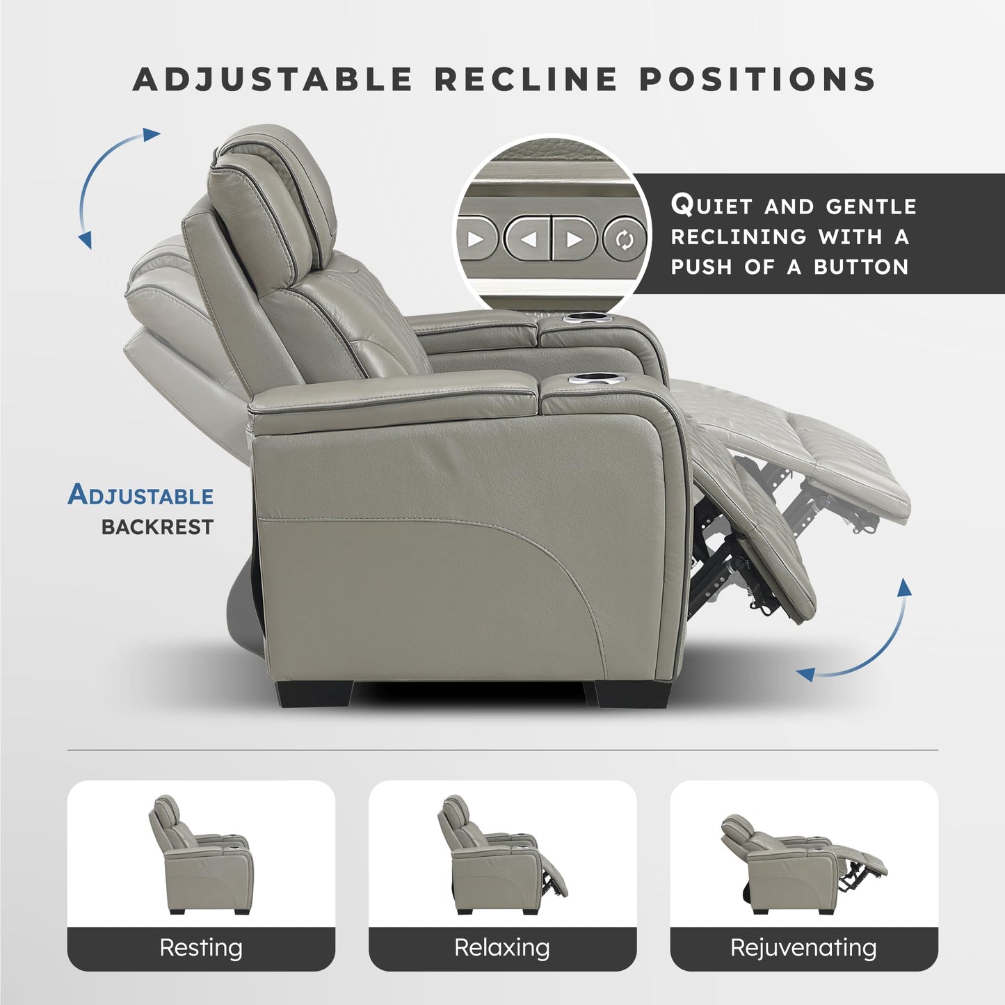 Lexicon Leather Power Recliner Chair with Heat/Massage/Headrest/Storage Arms/Cup Holders/LED Lights and Charging Ports, Top Grain Leather Match Wall Hugger Power Recliner Chairs for Adults, Grey