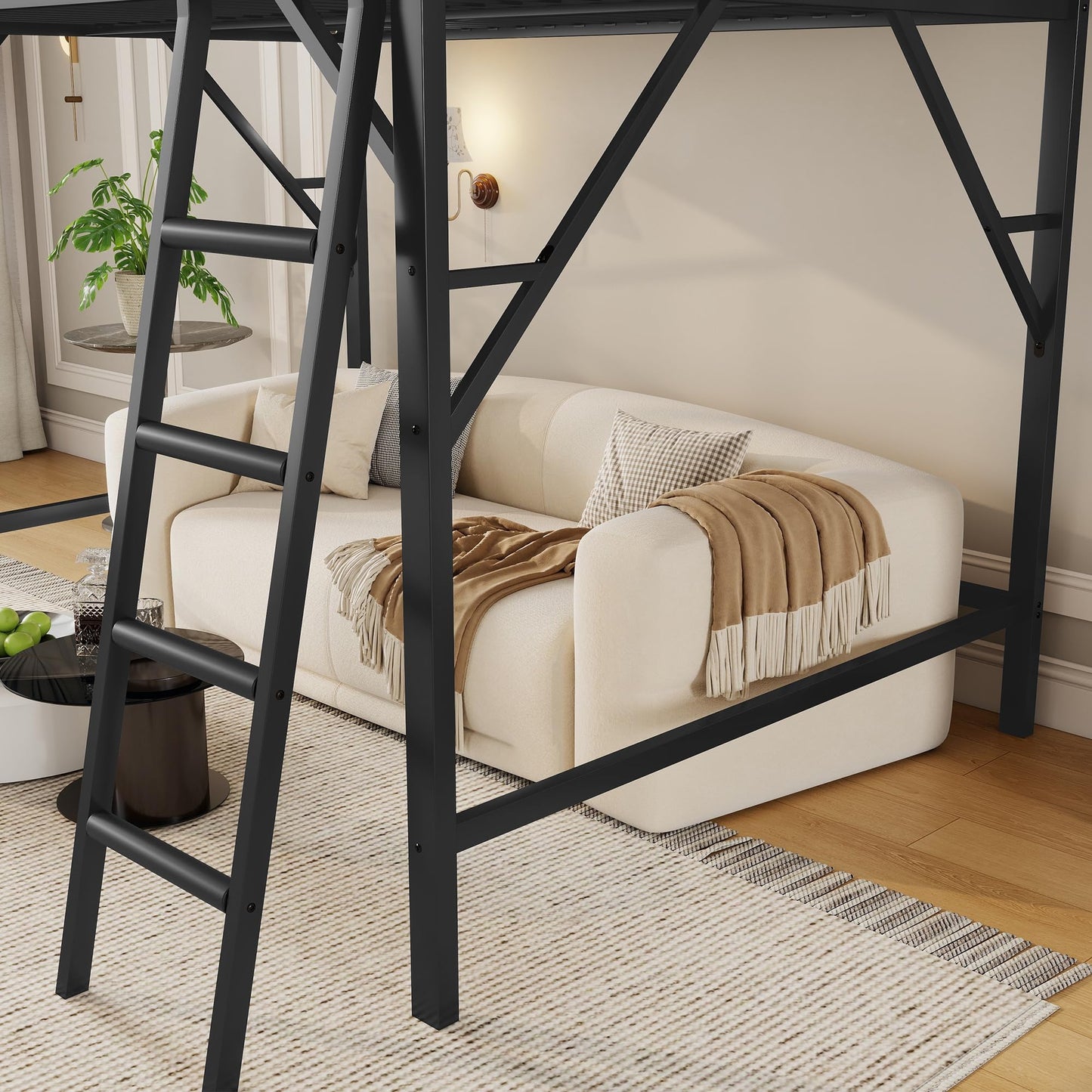 KEIKI Queen Size Metal Loft Bed Frame with Ladder and Built-in Storage Shelves, for Teens, Modern Style Loft Bed with Solid Slats, Guardrail, No Box Spring Required, Easy Assembly, for Bedroom, Black