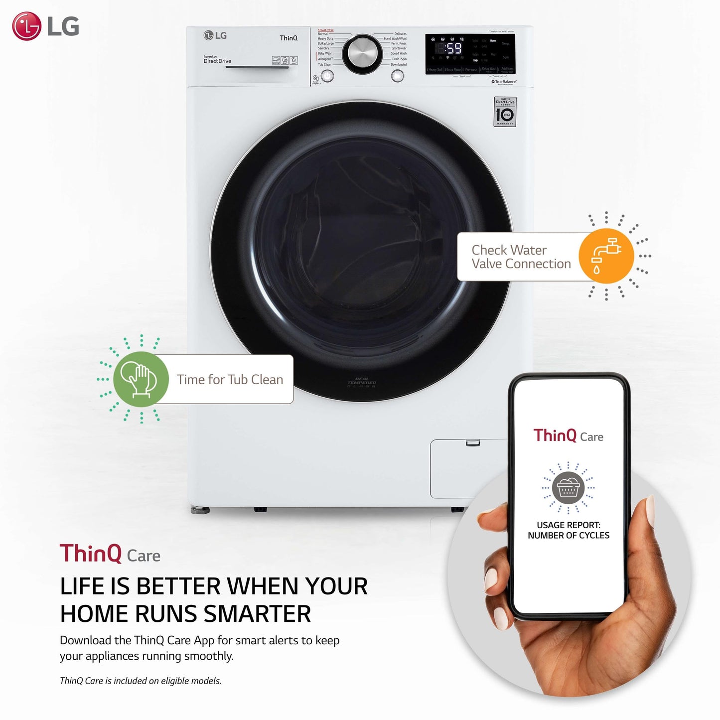 LG 24 in. Wide 2.4 Cu. Ft. Compact Stackable Front-Load Washer – White, Steam Cleaning, AI Fabric Sensor, Smart Pairing Compatible