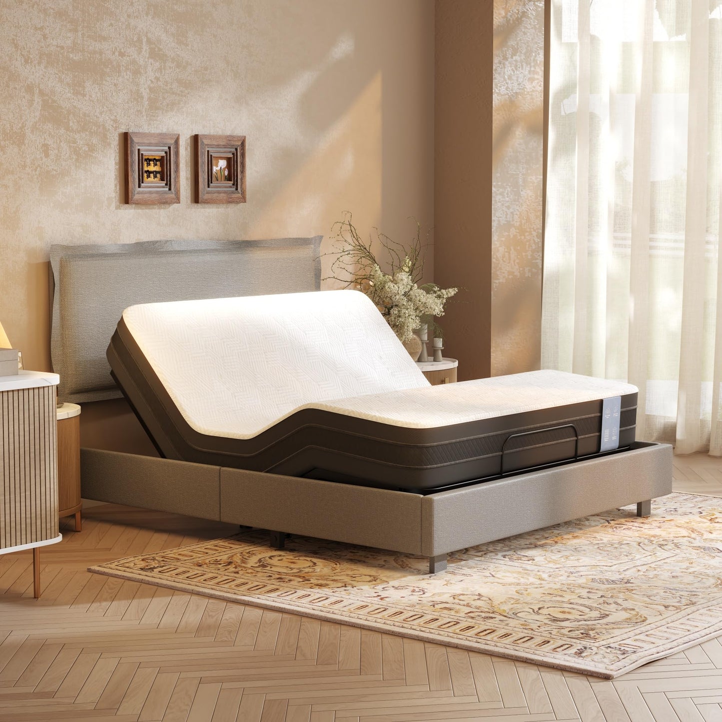 FLEXISPOT Queen Adjustable Bed Base with Upholstered Frame, Head & Foot Lift, 600 lbs Capacity, No Box Spring Needed, Minimalist Design, Light Grey, 5-Year Motor & 10-Year Warranty