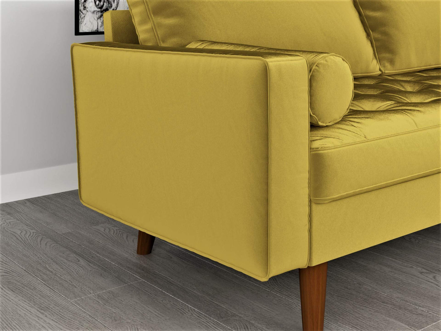 Container Furniture Direct Womble 58 Inch Velvet Loveseat Sofa with Elegant Button Tufted Upholstery, Square Arms, Splayed Wood Legs, Includes Matching Bolster Pillows, Textured Gold