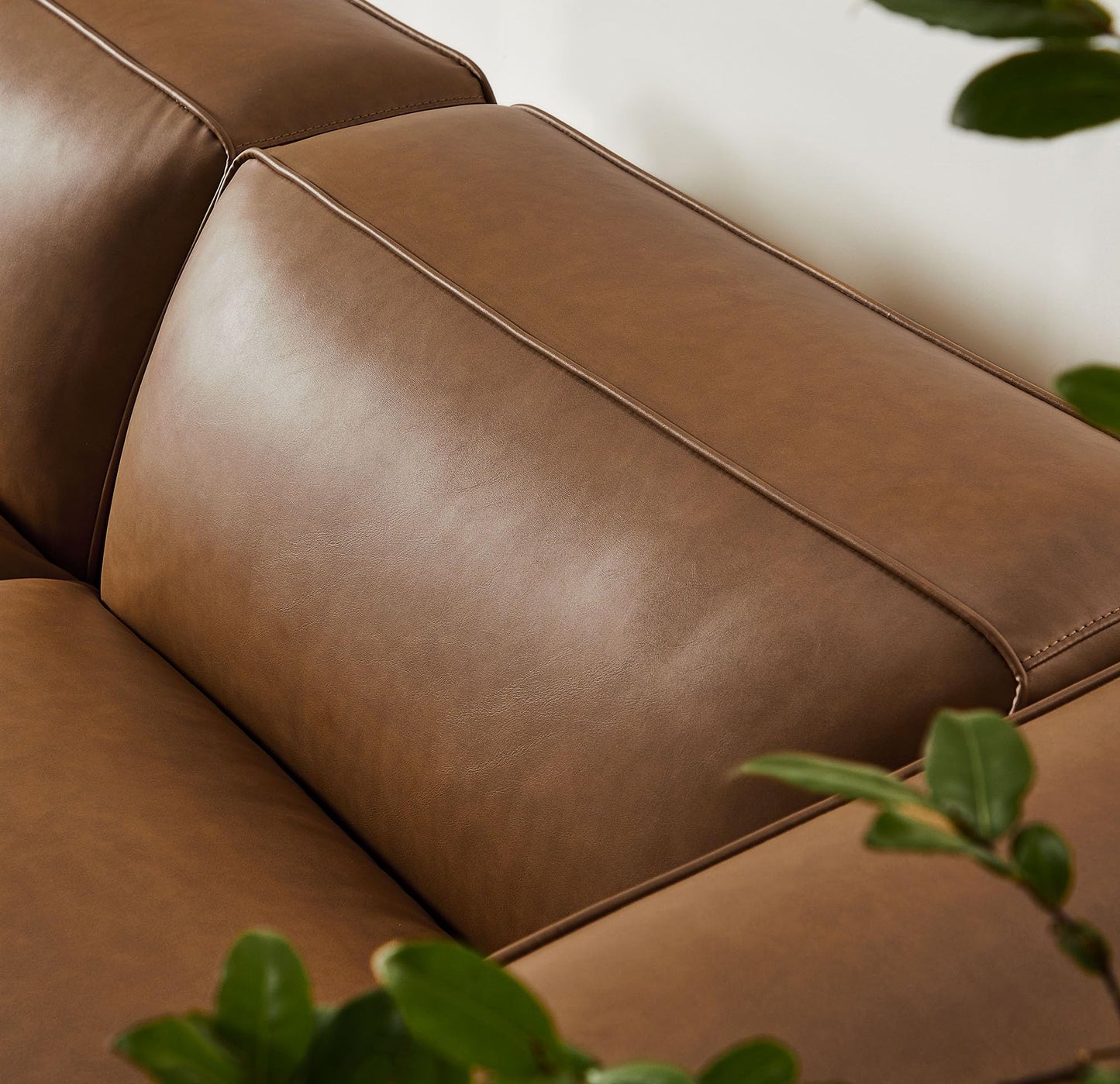 Modway Auren Vegan Leather 3 Piece Modular Sofa in Coffee - Faux Leather Loveseat with Ottoman - Comfy 2 Seater Sofa with Footstool - Mid Century Couch for Living Room, Apartment, Loft