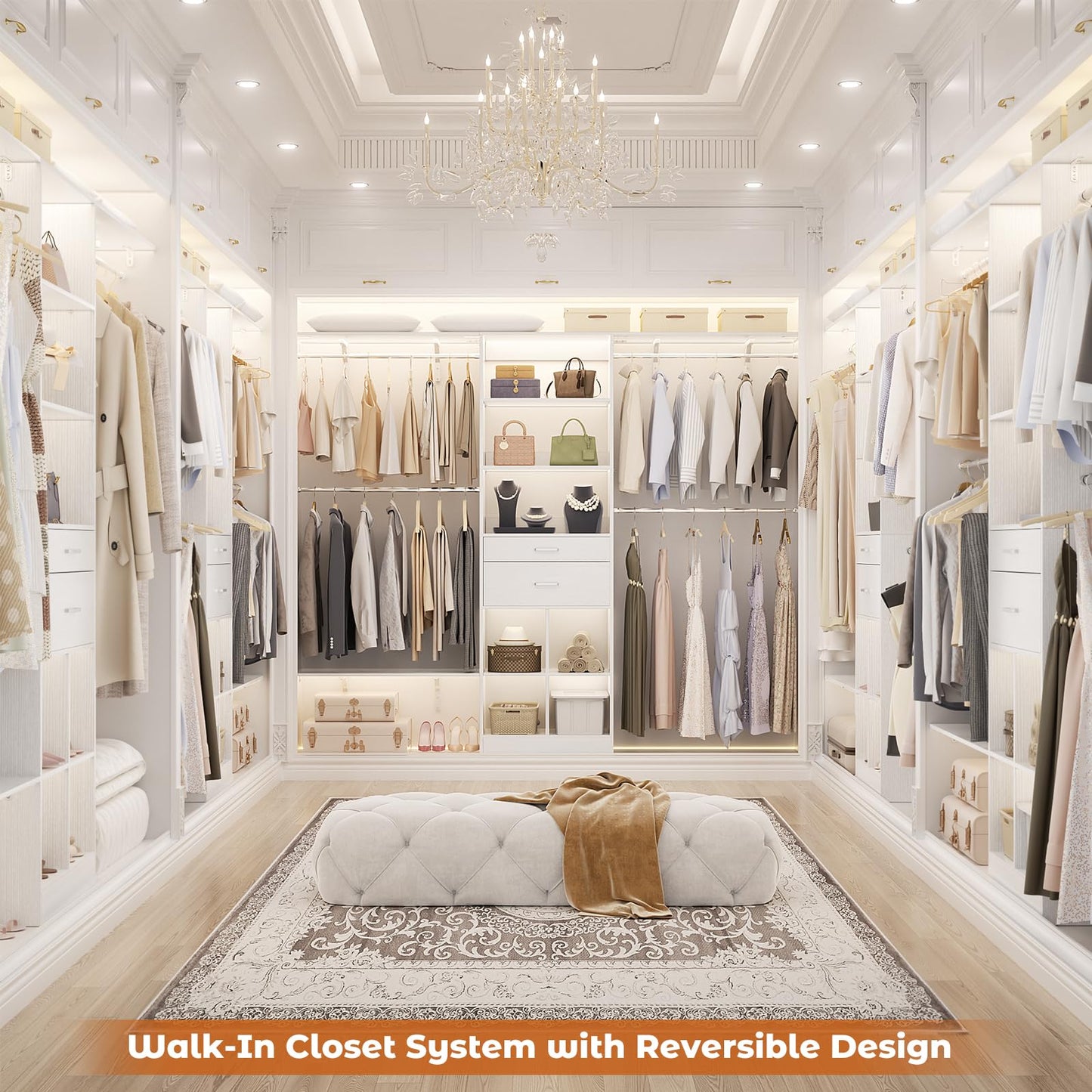 Besiost Closet System - 5-8FT Closet Organizer System with Wooden Drawers & Cube Storage Organizer, Up To 96" Closet Systems for Nursery & Walk-In Closets with Cuttable Hanging Shelving, White