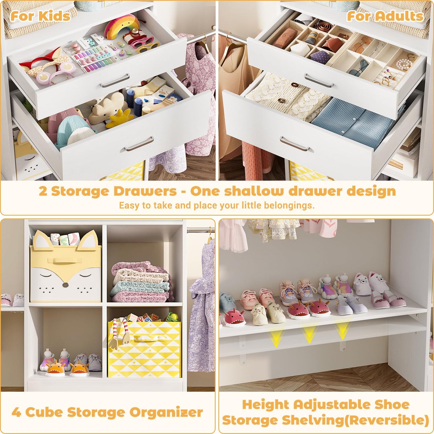 Besiost Closet System - 5-8FT Closet Organizer System with Wooden Drawers & Cube Storage Organizer, Up To 96" Closet Systems for Nursery & Walk-In Closets with Cuttable Hanging Shelving, White