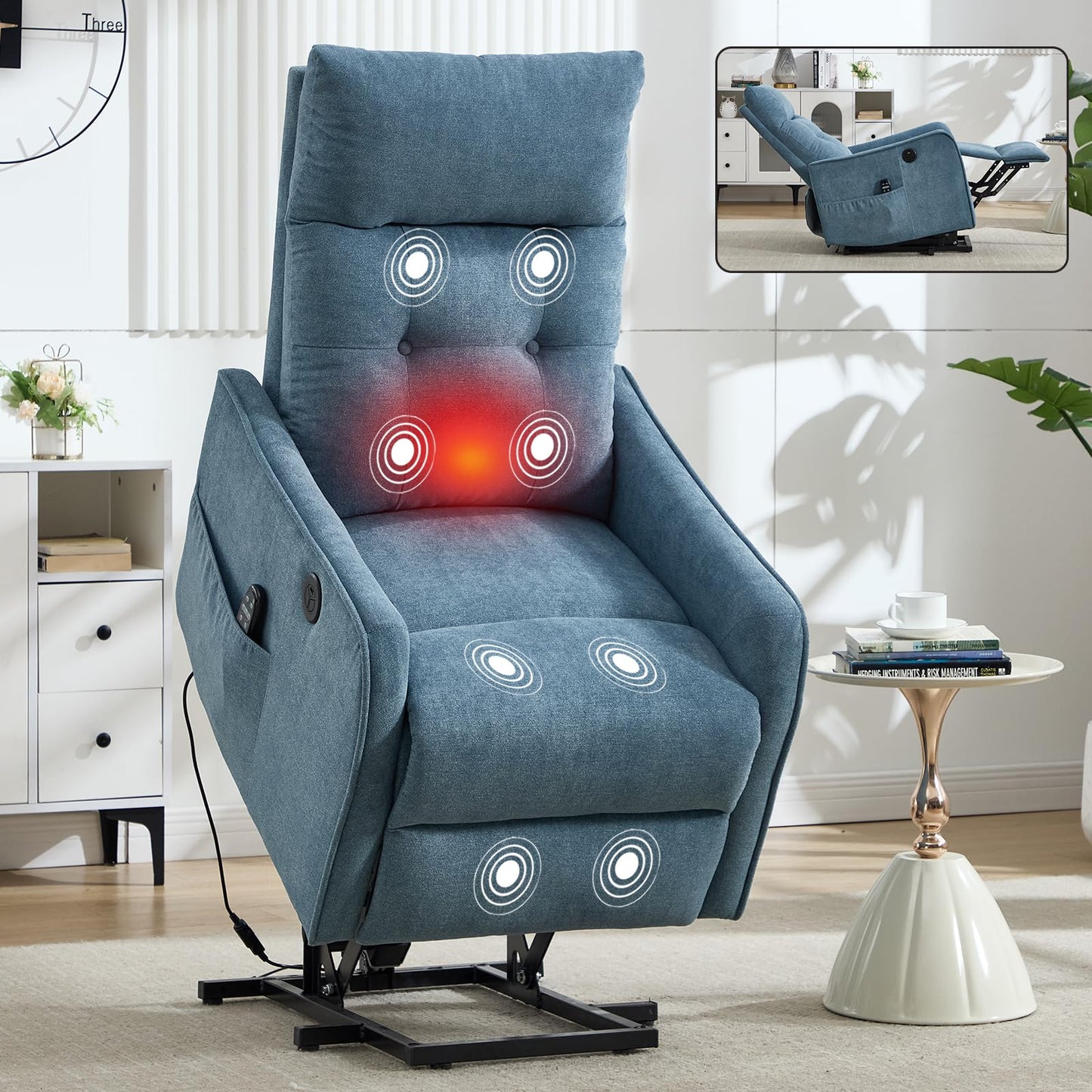 KEIKI Single Motor Power Lift Recliner Chair with Massage and Heat for Home Theater, Soft Fabric Finish with USB Charging Port and Motion Mechanism for Elderly