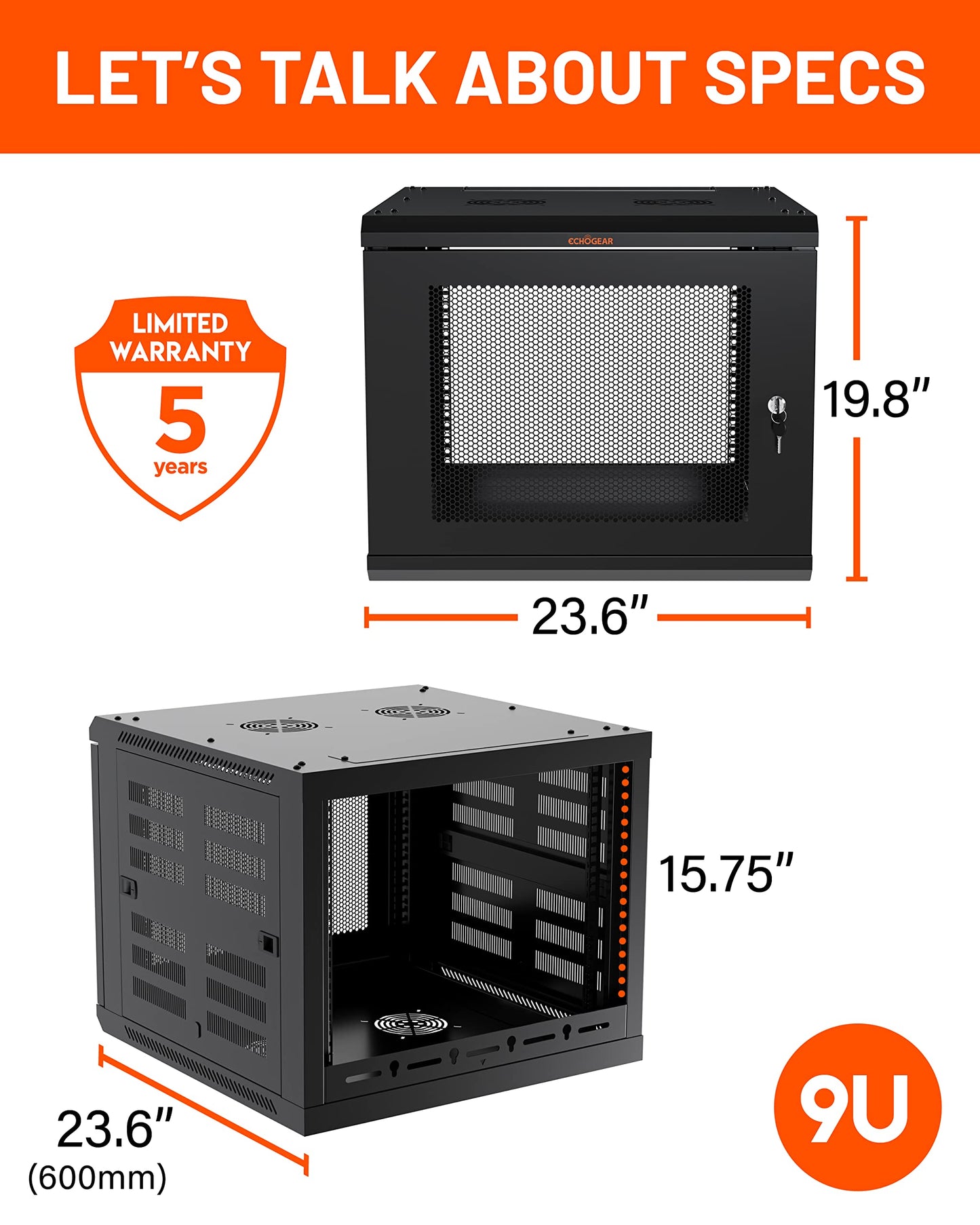 ECHOGEAR 9U Network Rack - Enclosed Wall Mount Rack Kit Includes 2X 1U Shelves, Pre-Mounted Fan, Lockable Door & Hardware - 600mm Depth Fits All Your AV Gear