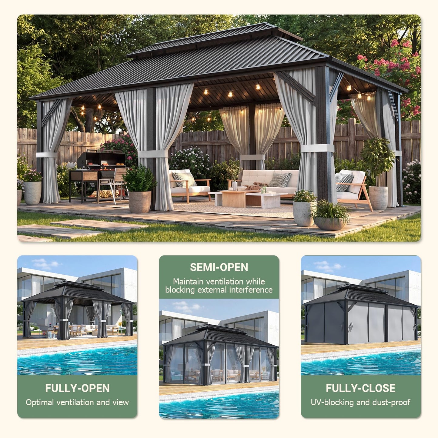Polar Aurora 12x20 FT Outdoor Gazebo Hardtop Grill Gazebo Aluminum Galvanized Steel Double Roof Outdoor Pergola Include Curtain and Netting for Backyard, Patio, Lawn