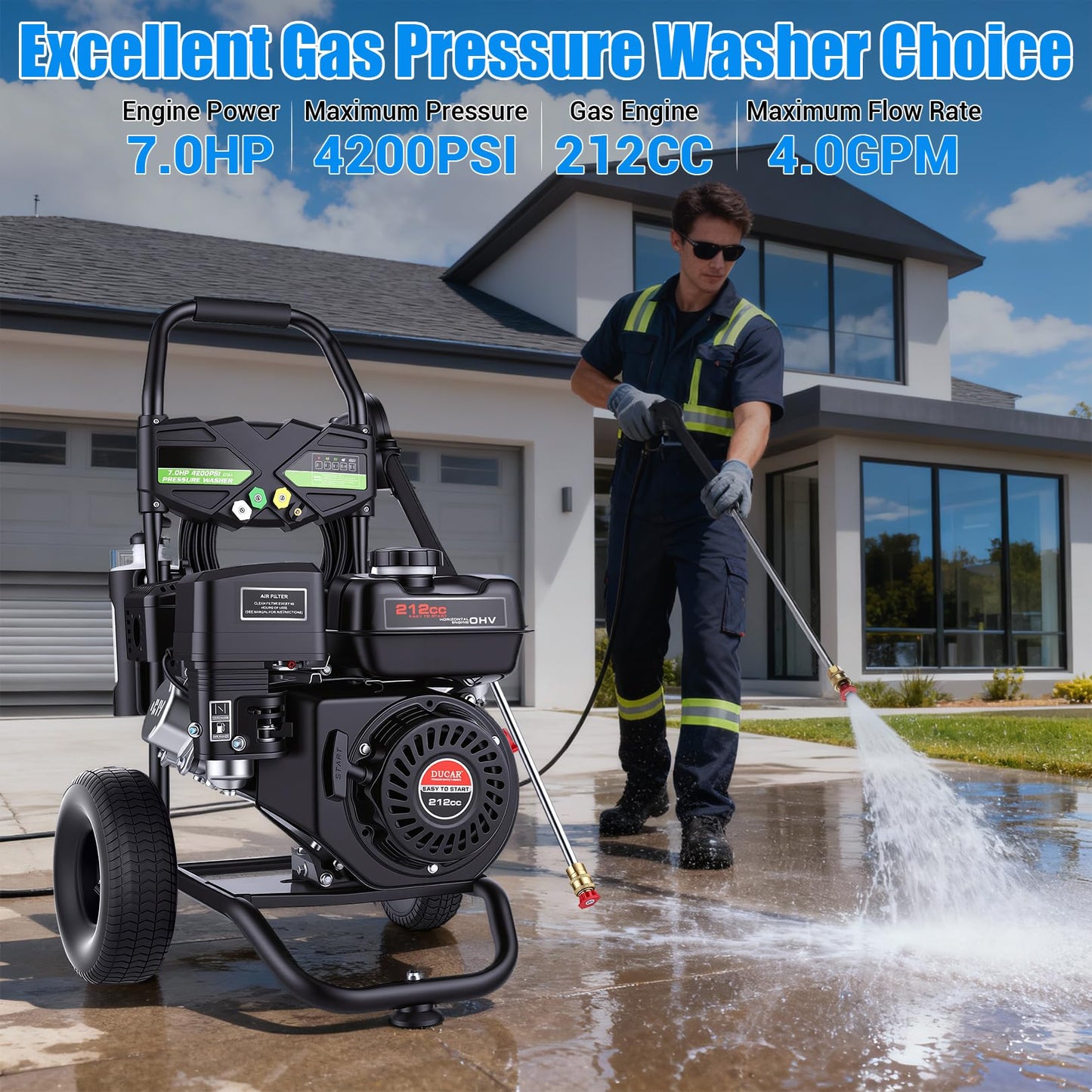 4200PSI Gas Pressure Washer 4.0GPM Gas Power Washer 212CC Gas Powered Washing Machine Commercial High Pressure Washer with 25ft Hose&5 Nozzles for Patio Garden Yard Vehicle,EPA/CARB/ETL (Black)