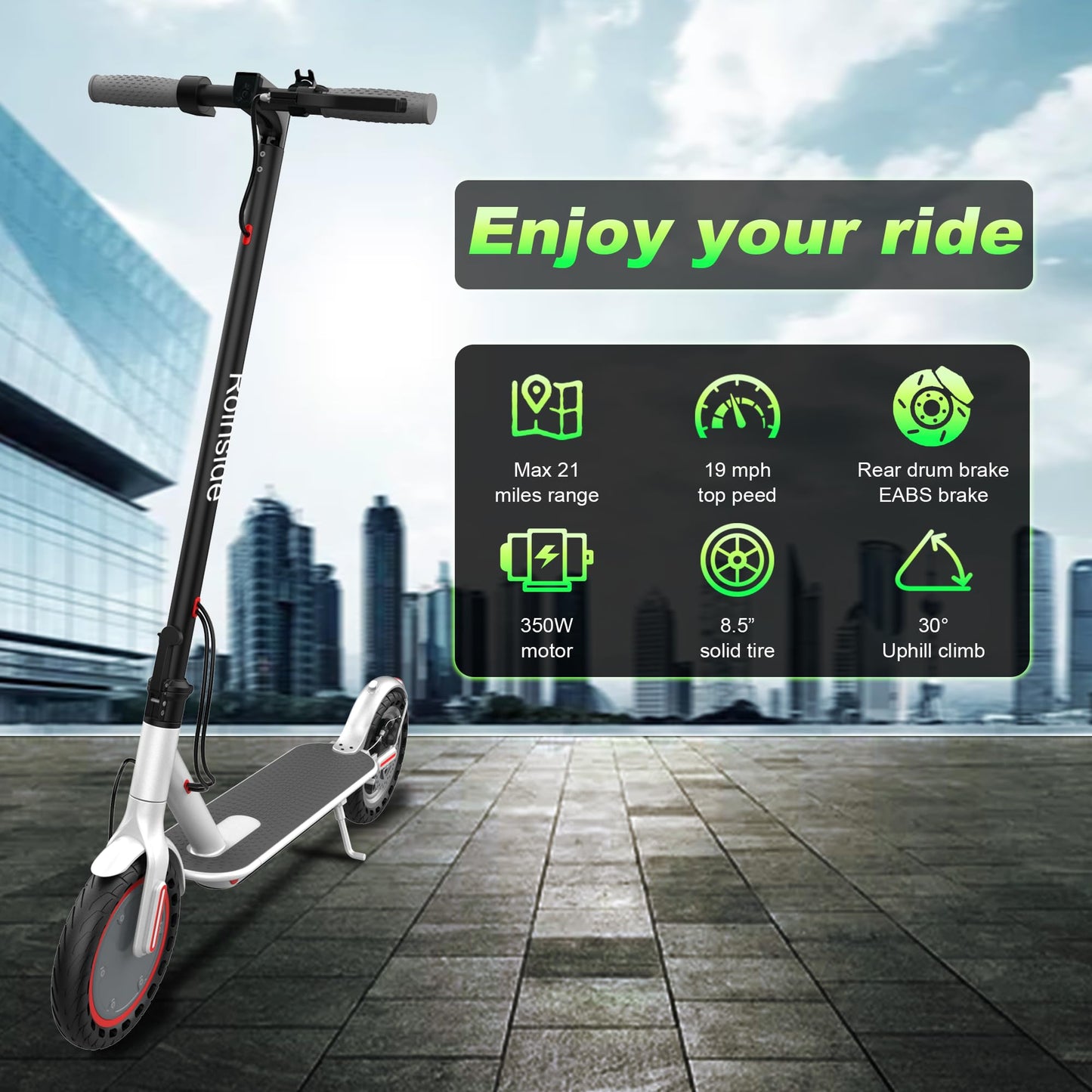 Roinside Scooter for Adults- 8.5" Solid Tires/350W Motor, 19 MPH Digital Display, Up to 21 Miles Long-Range Commuting Folding E-Scooter for Adults with Dual Braking System, App