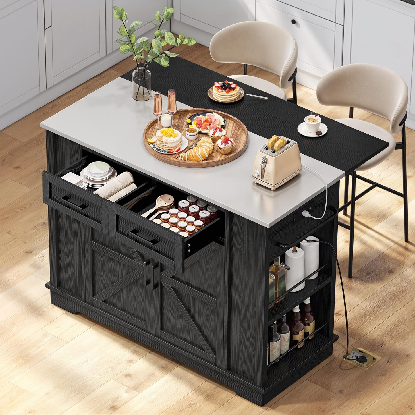 DWVO Kitchen Island w Stainless Steel Top Drop Leaf Bar Seating Power Outlet, 47" Portable Rolling Mobile Center Islands w Folding Dropleaf Storage Drawer Cabinet Wheel Counter Height Metal Top, Black