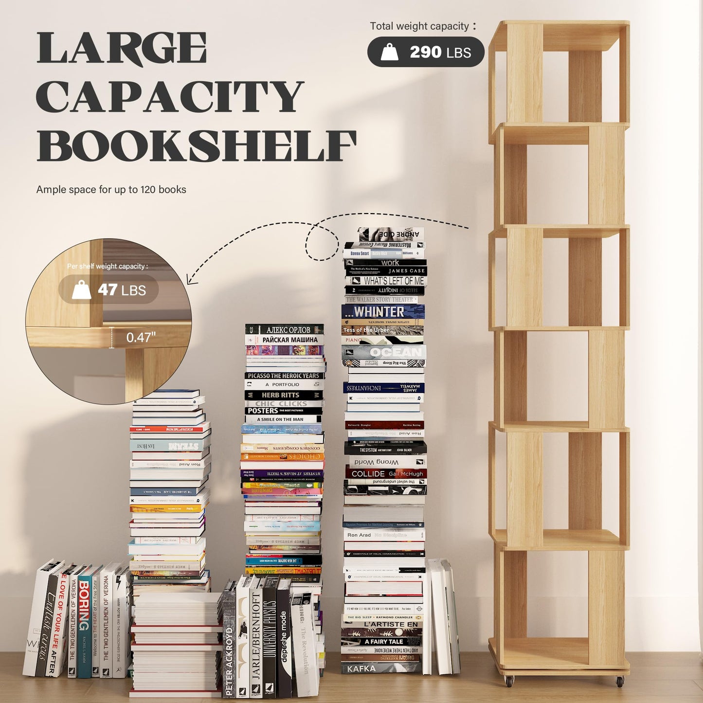 6 Tier Solid Wood Rotating Bookshelf Tower on Wheels, 360° Upgrade Spinning Book Shelf, Revolving Bookcase Organizer, Swivel Bookshelves for Small Spaces, Bedroom, Kids Room, Office (Light Wood)