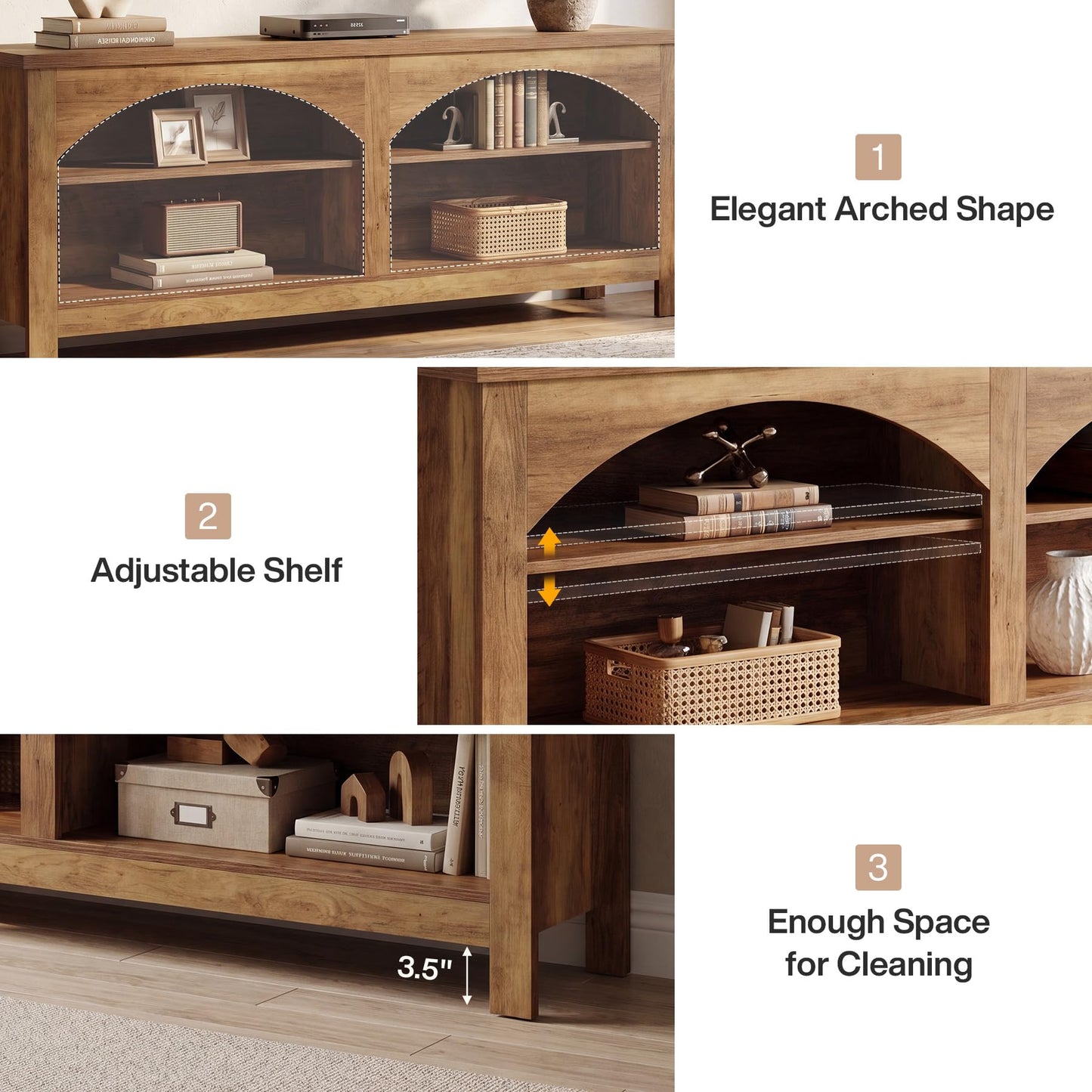 Tribesigns 63 Inch TV Stand for TVs Up to 70", Farmhouse Entertainment Center with Adjustable Shelves, Cable Management Holes & Arched Open Storage, Wooden Media Console Cabinet, Rustic Brown