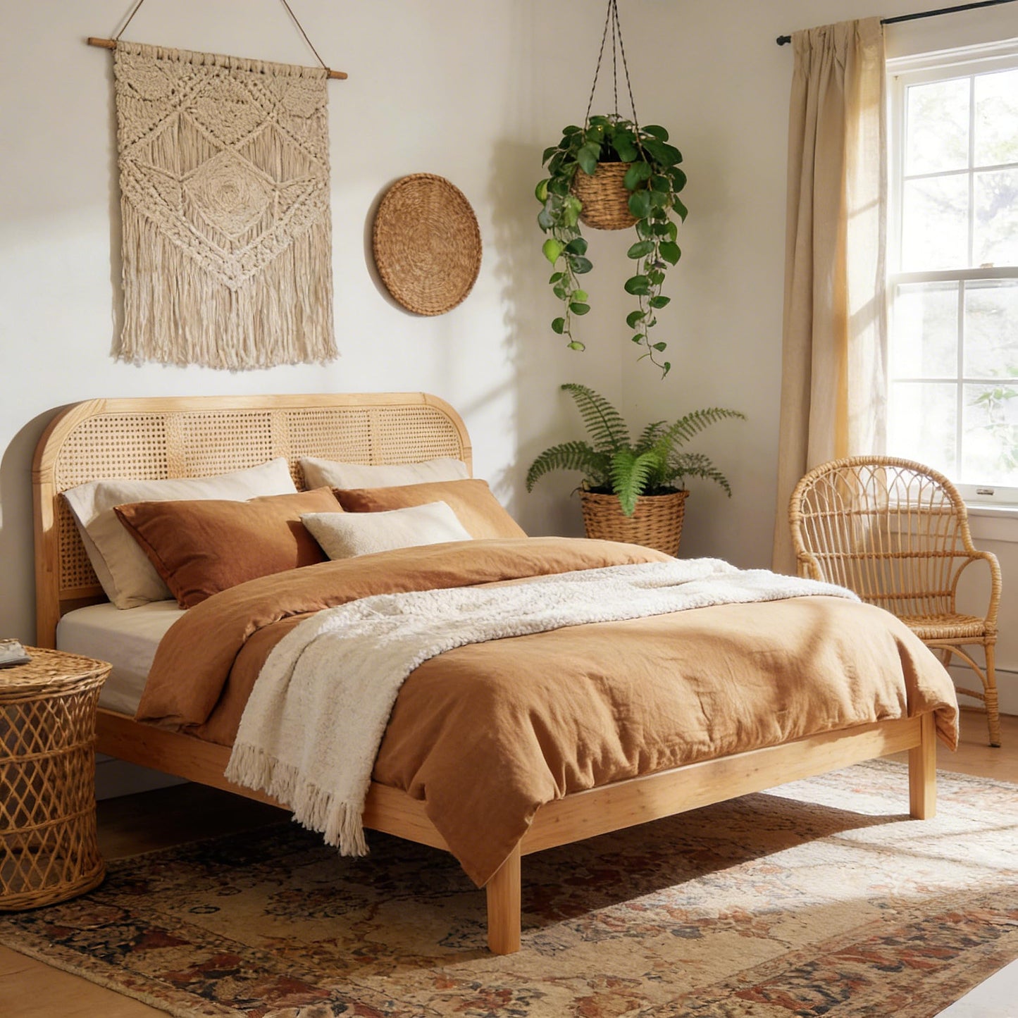 Merax Queen Size Natural Wood Bed Frame with Rattan Headboard, Boho Style Platform Bed Frame with Sturdy Solid Slats Support, No Box Spring Needed, 800lbs Capacity, Noise-Free, Easy Assembly