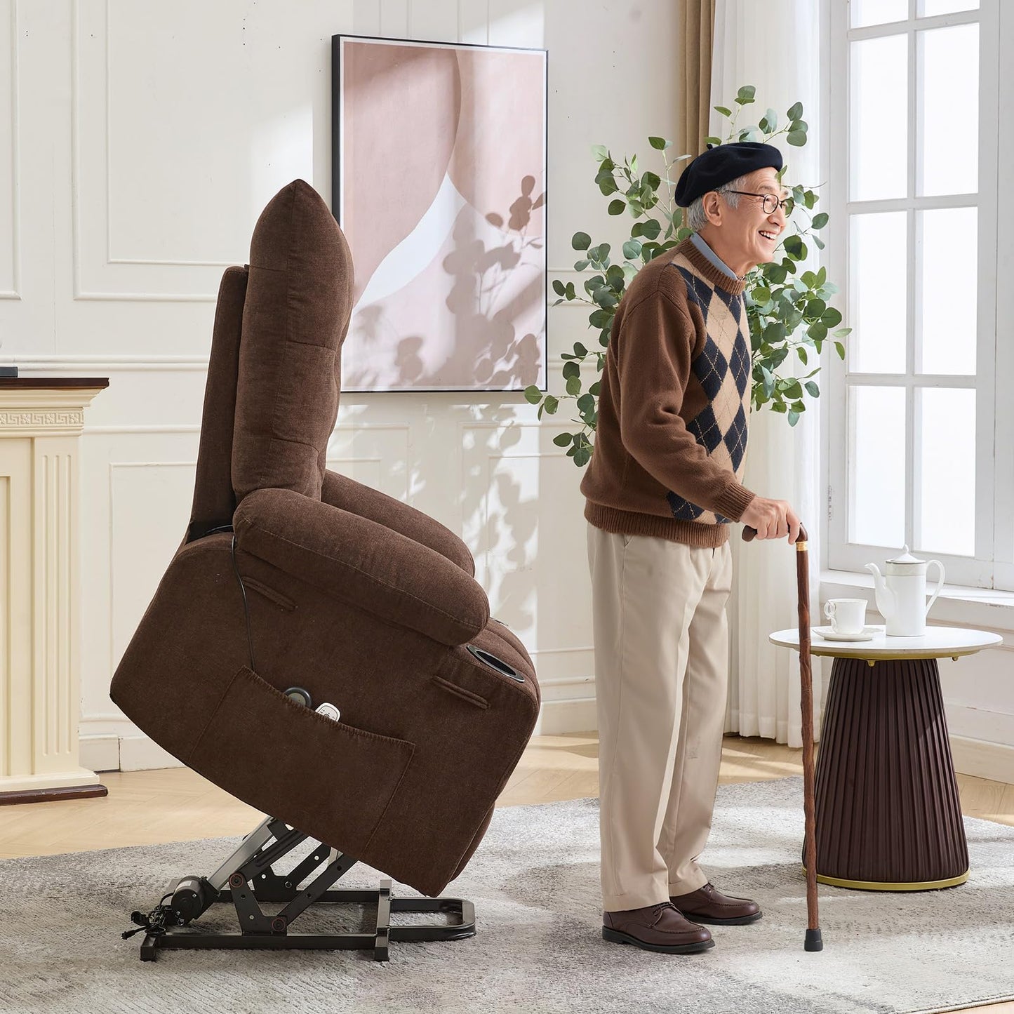 Power Lift Recliner Chair for Elderly - Electric Massage & Heat Recliner with 45° Assist Stand, Oversized Living Room Sofa with Soft Padded Upholstery, Side Pocket & Cup Holders for Living Room