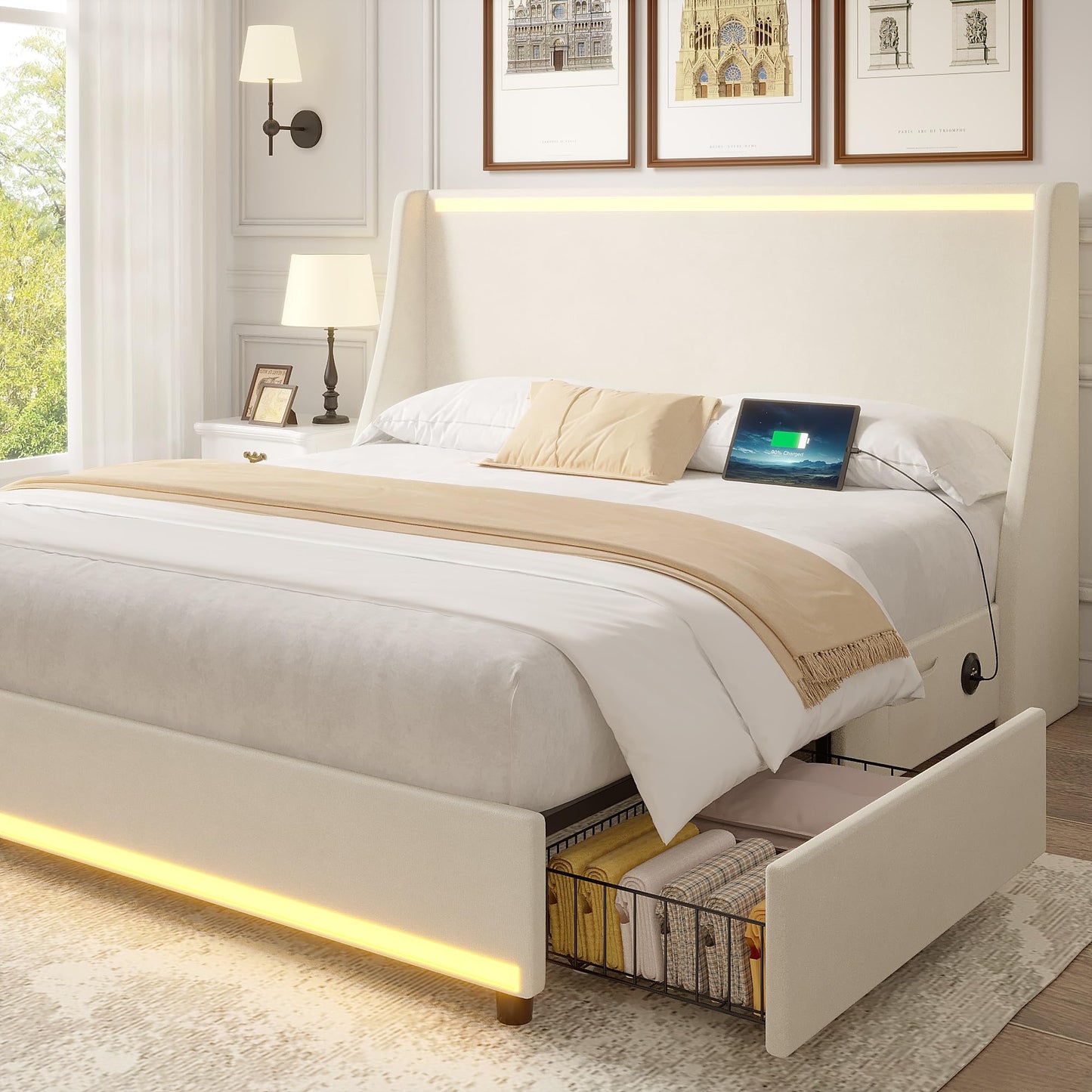 VECELO Full Size Bed Frame with Storage Drawers, Upholstered Platform Bedframe with Wingback Headboard, No Box Spring Needed, Beige