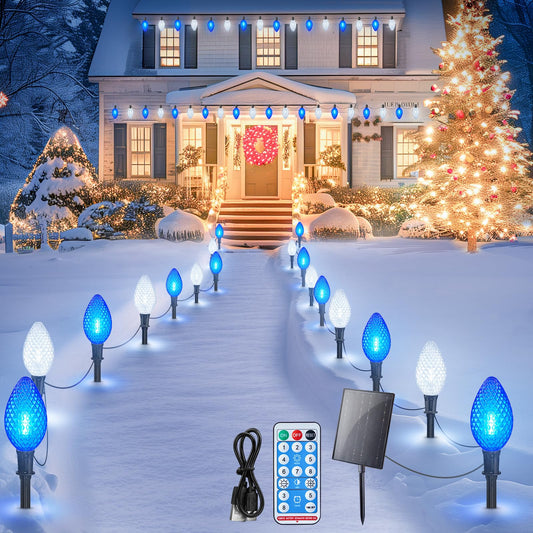 Minetom Solar Double C9 Christmas Pathway Lights, 10 LED, 16FT, Timer, 8 Modes, Strawberry-Blue & Pure White