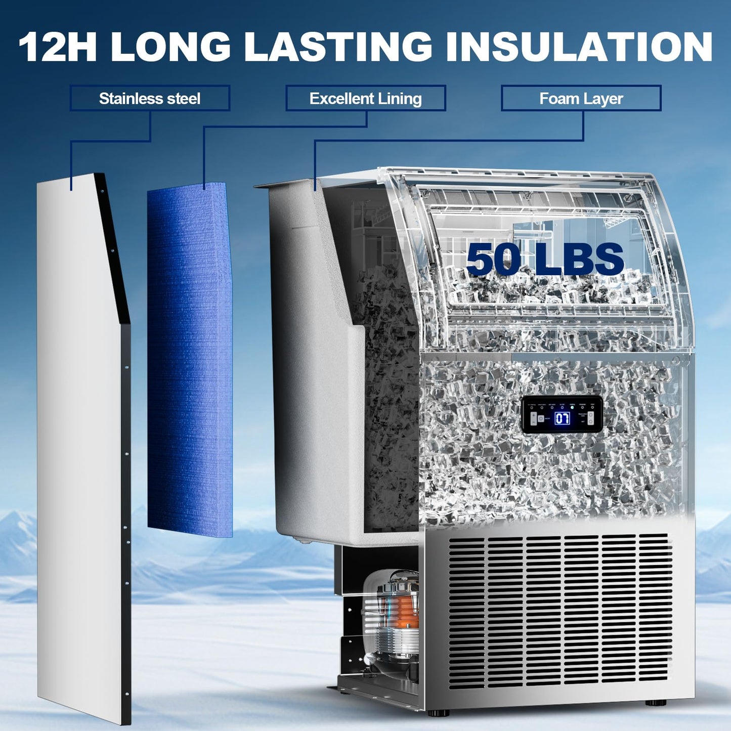 Commercial Ice Maker Machine 133 Lbs/24H Freestanding Stainless Steel Under Counter Ice Maker with 40lbs Ice Storage Capacity Scoop Water Filter Pipes for Restaurant Offices Bars Home (133Lbs/24)