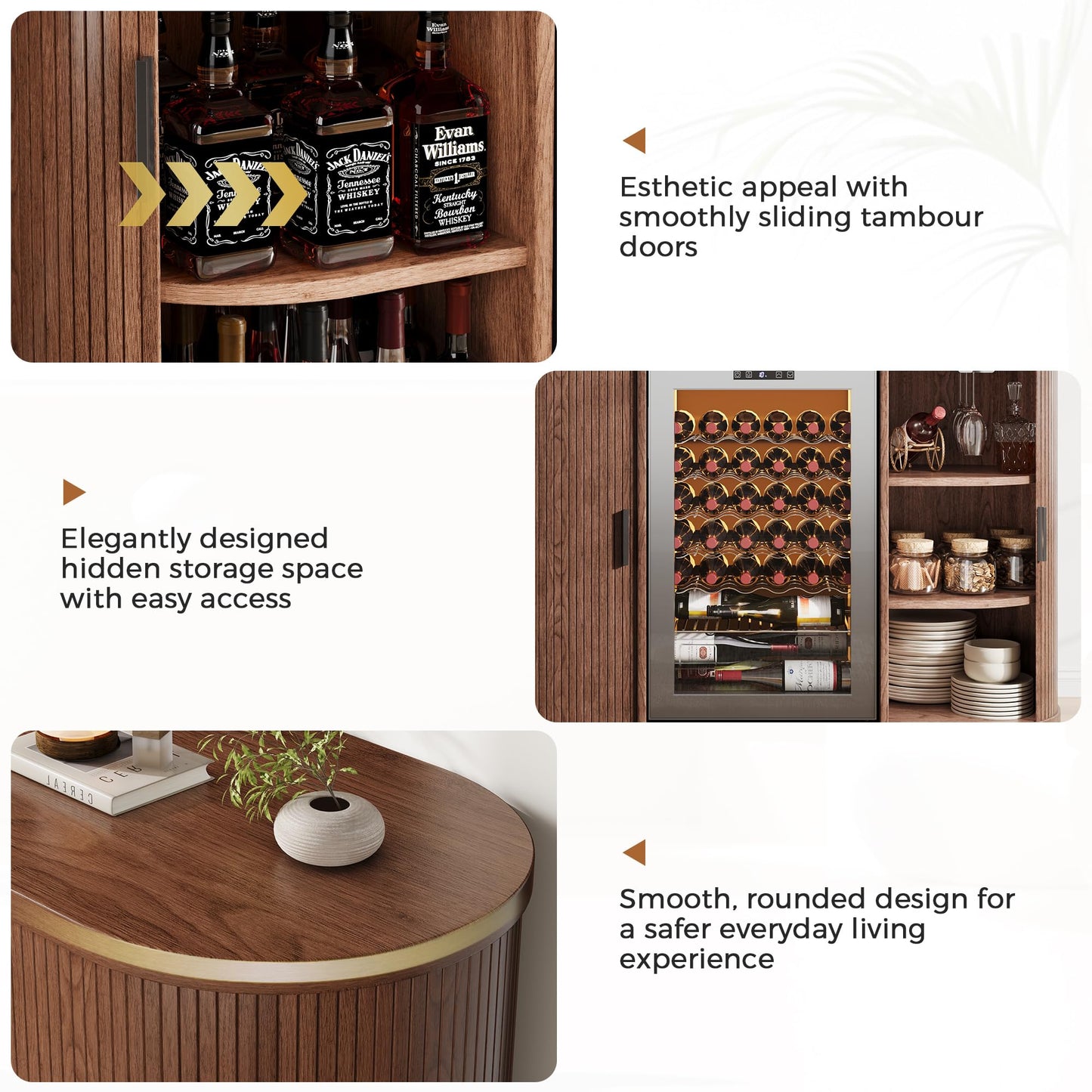 Jocoevol 53" Fluted Coffee Bar Cabinet with Sliding Doors, Wine Bar Cabinet with Charging Station & Holder, Modern Liquor Whiskey Buffet Sideboard for Dining Room, Living Room, Kitchen（Walnut）