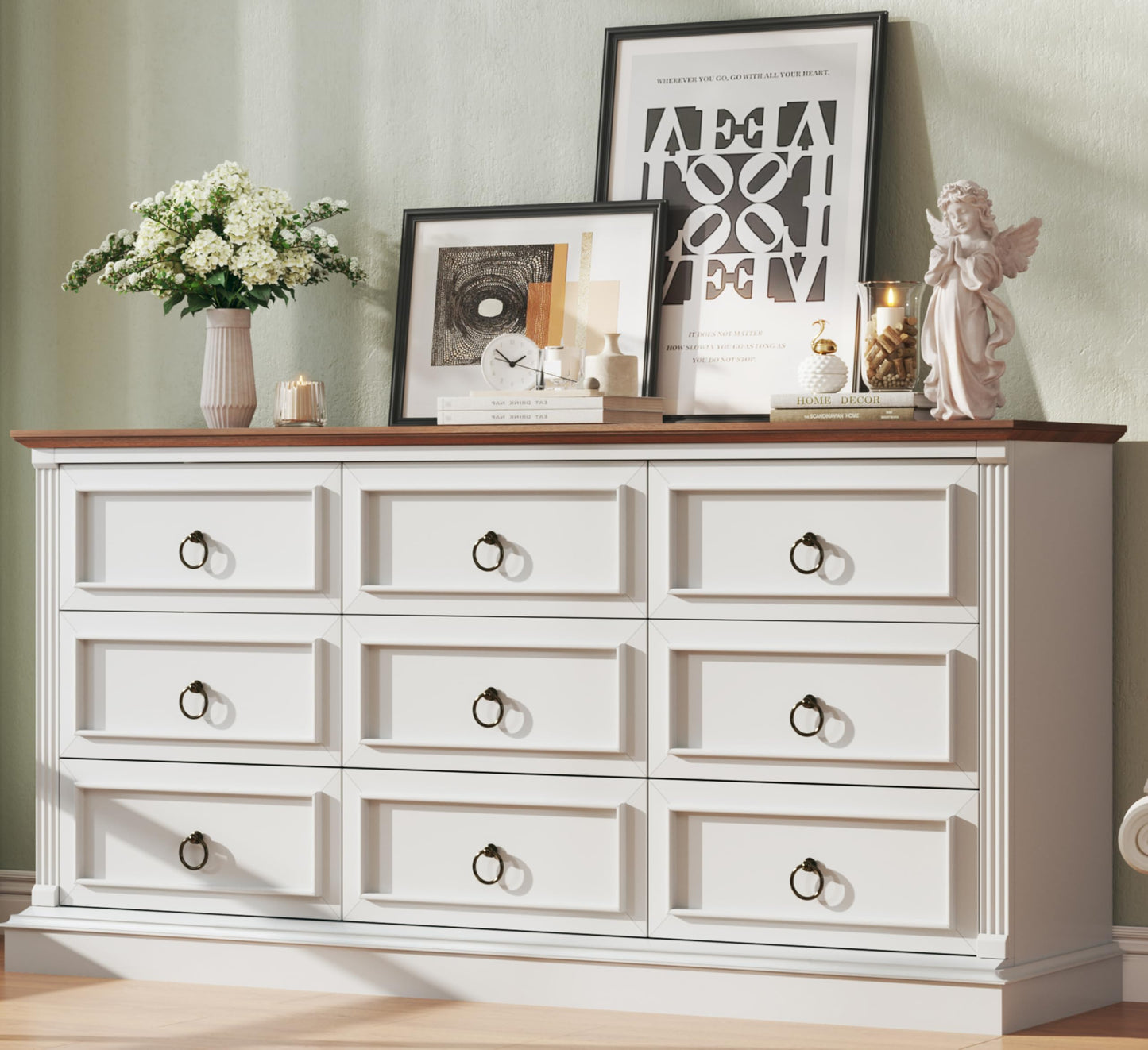 HUAHUU Farmhouse 9 Drawer Dresser for Bedroom, 60" Wide Chest of Drawers with Roman Column, Wooden TV Stand with Antique Bronze Circle Handles, Storage Organizer for Living Room, Hallway, White