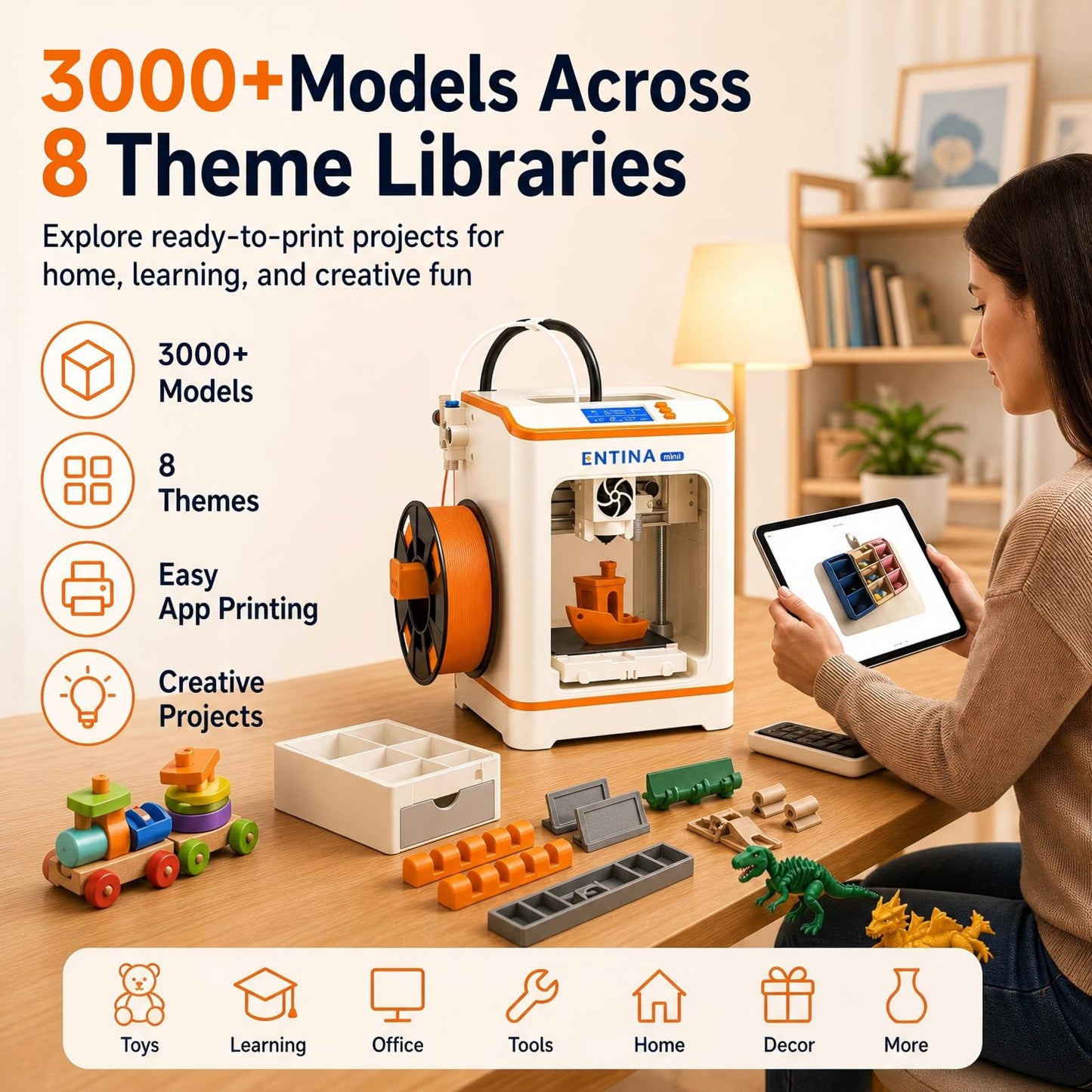 Entina Tina2C 3D Printer for Kids & Beginners, Fully Assembled Starter Mini 3D Printer, Start in 8 Mins, App & WiFi Control, Auto Leveling, 3000+ Model Library, 20+ Creative DIY Modules for STEM, Home