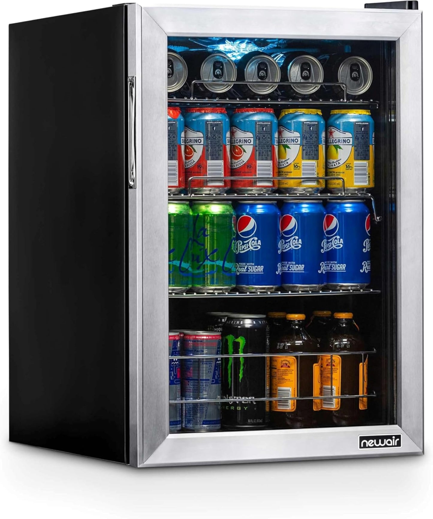 NewAir 90 Can Beverage Refrigerator | 17” Freestanding Small Mini Fridge for Bedroom, Home Bar or Office | Quiet Compressor Cooling & Adjustable Shelves | Stainless Steel