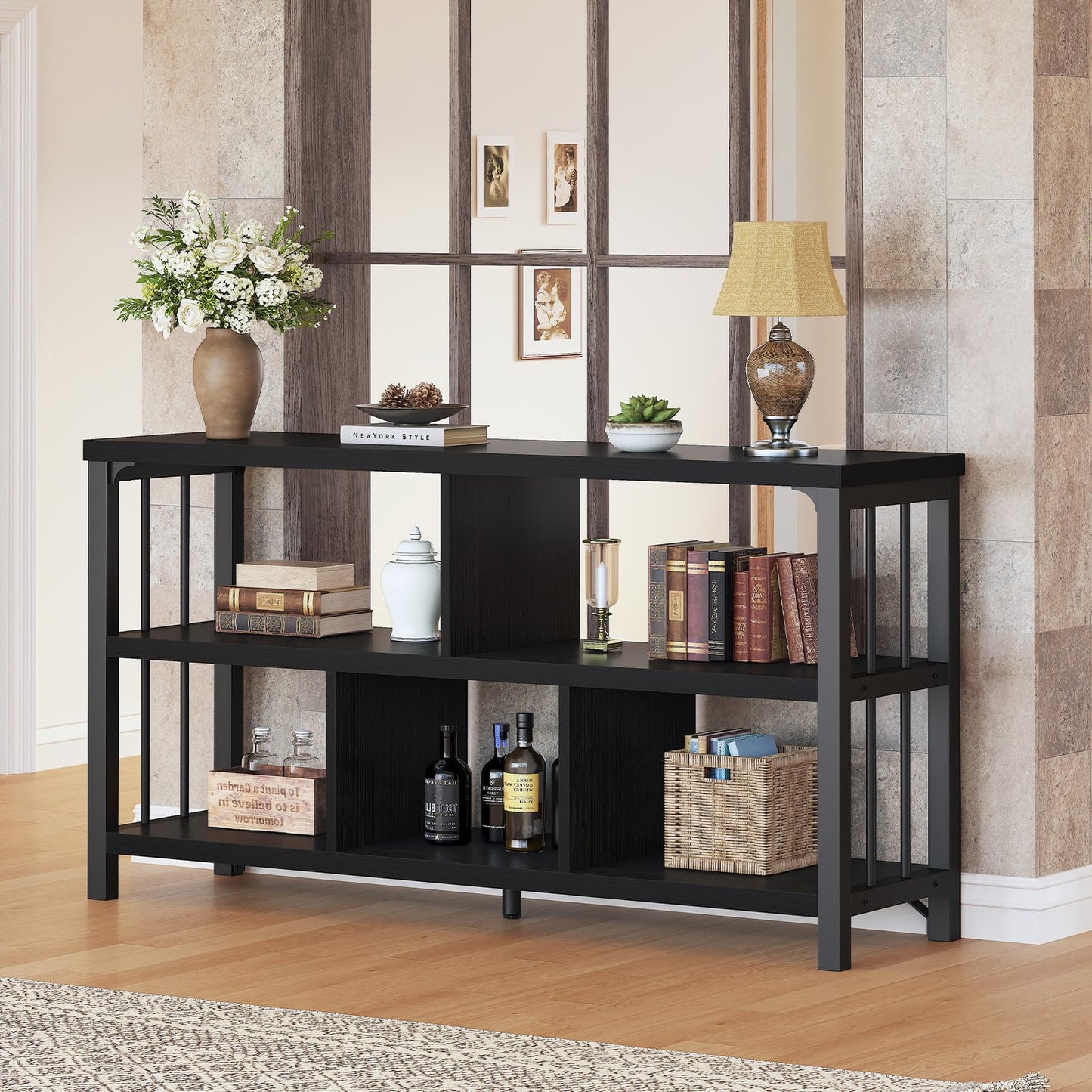 IBF Horizontal Cube Book shelf, Industrial Modern Open Bookshelf, Low Wide Home 5 Cube Storage Organizer Long Shelf for Bedroom, Short Wood and Metal Cubby Book Shelf for Living Room, Black Oak, 47 In