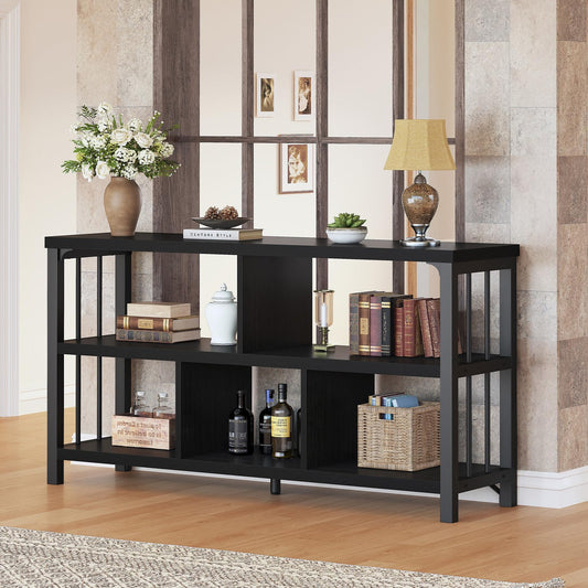 IBF Horizontal Cube Book shelf, Industrial Modern Open Bookshelf, Low Wide Home 5 Cube Storage Organizer Long Shelf for Bedroom, Short Wood and Metal Cubby Book Shelf for Living Room, Black Oak, 47 In
