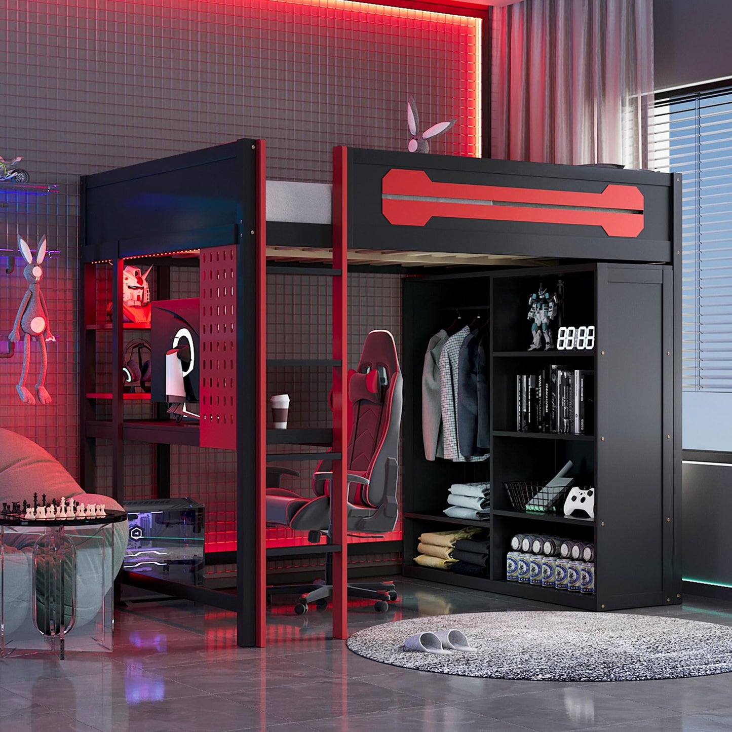 Ball & Cast Gaming Full Size Loft Bed with Desk and Charging Station,Wood Gamer Loft Beds Frame W/Open Wardrobe&RGB Light,High Loft Bed W/Full-Length Guardrail,Bedroom Furniture for Student Dorms,Red