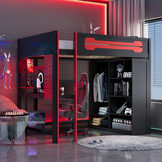 Ball & Cast Gaming Full Size Loft Bed with Desk and Charging Station,Wood Gamer Loft Beds Frame W/Open Wardrobe&RGB Light,High Loft Bed W/Full-Length Guardrail,Bedroom Furniture for Student Dorms,Red