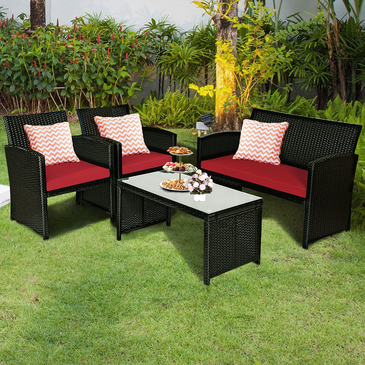 Tangkula Patio Wicker Conversation Furniture Set, Patiojoy Sofa & Table Set w/4 Seats, Outdoor Rattan Sofa Set for Balcony Backyard, Wicker Chair Set with Tempered Glass Coffee Table (1, Red)