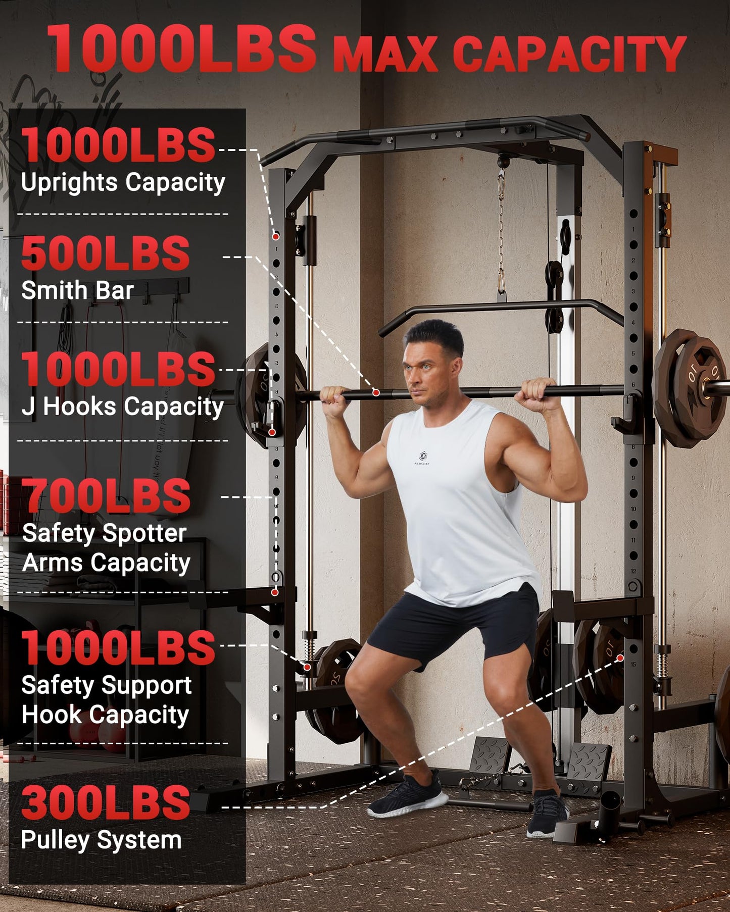 GarveeLife Smith Machine Home Gym with Barbell Bar, Cable System, LAT Pulldown Attachments, Safety Spotter Arms, J Hooks, Landmine, Multi-Functional Squat Rack for Full Body Strength Training
