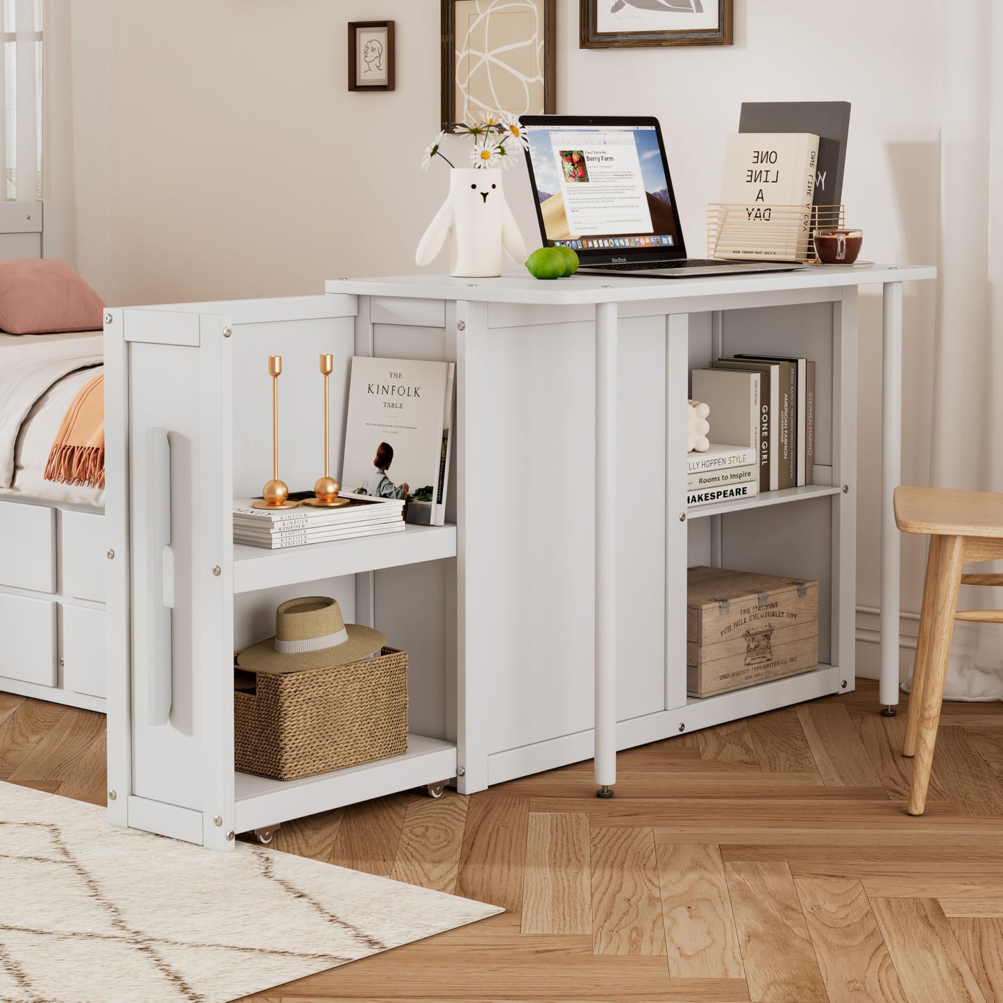 Merax Twin Size Platform Bed with Desk, Storage Shelf, 3 Drawers, Multifunctional Wood Bedframe with Trundle, No Box Spring Needed, Noise Free, White
