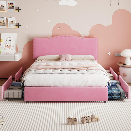 VECELO Queen Bed Frame, Platform Bed Frame with Underbed Storage Drawers and Adjustable Height Upholstered Headboard, Heavy-Duty Frame and Strong Wooden Slats Support, Noise-Free, Easy Assembly, Pink