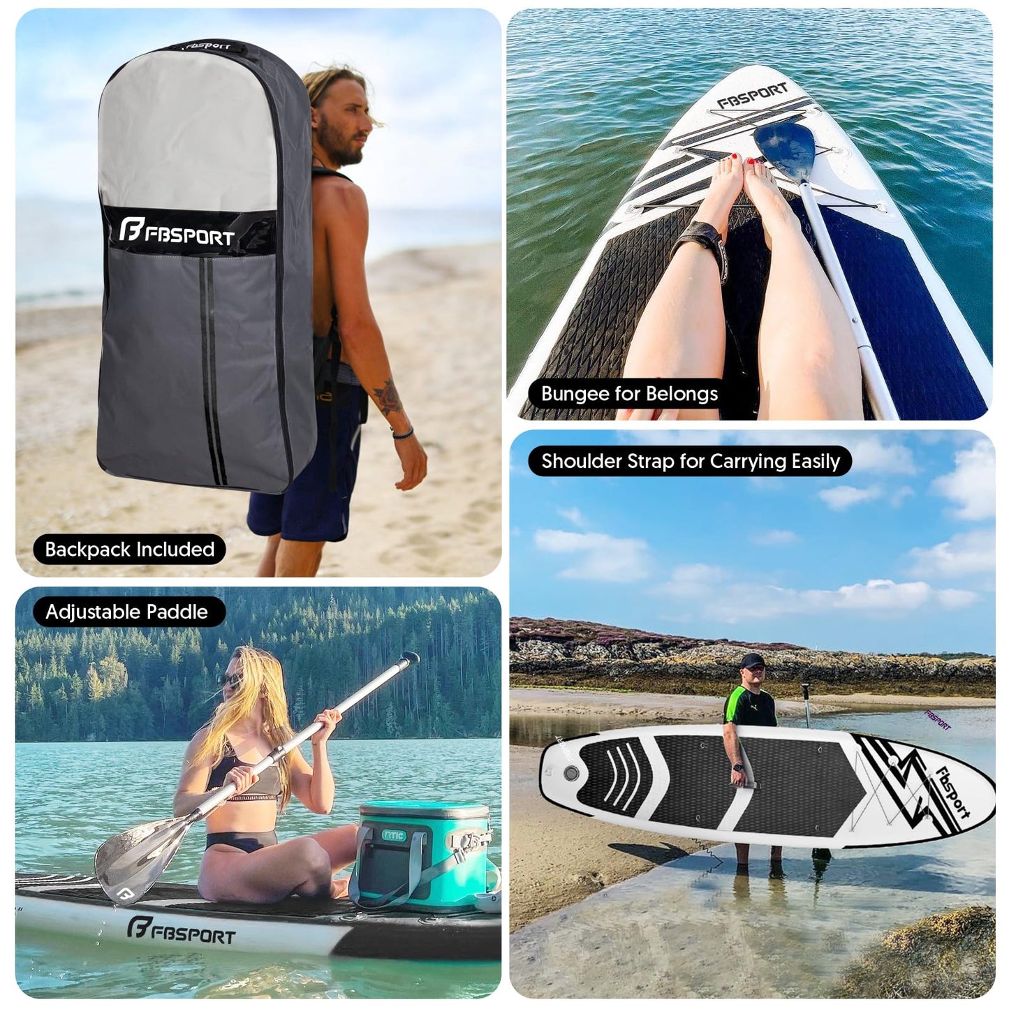 FBSPORT 11' Premium Stand Up Paddle Board, Yoga Board with SUP Accessories & Carry Bag | Wide Stance, Surf Control, Non-Slip Deck, Leash, Paddle and Pump for Youth & Adult (Black White)