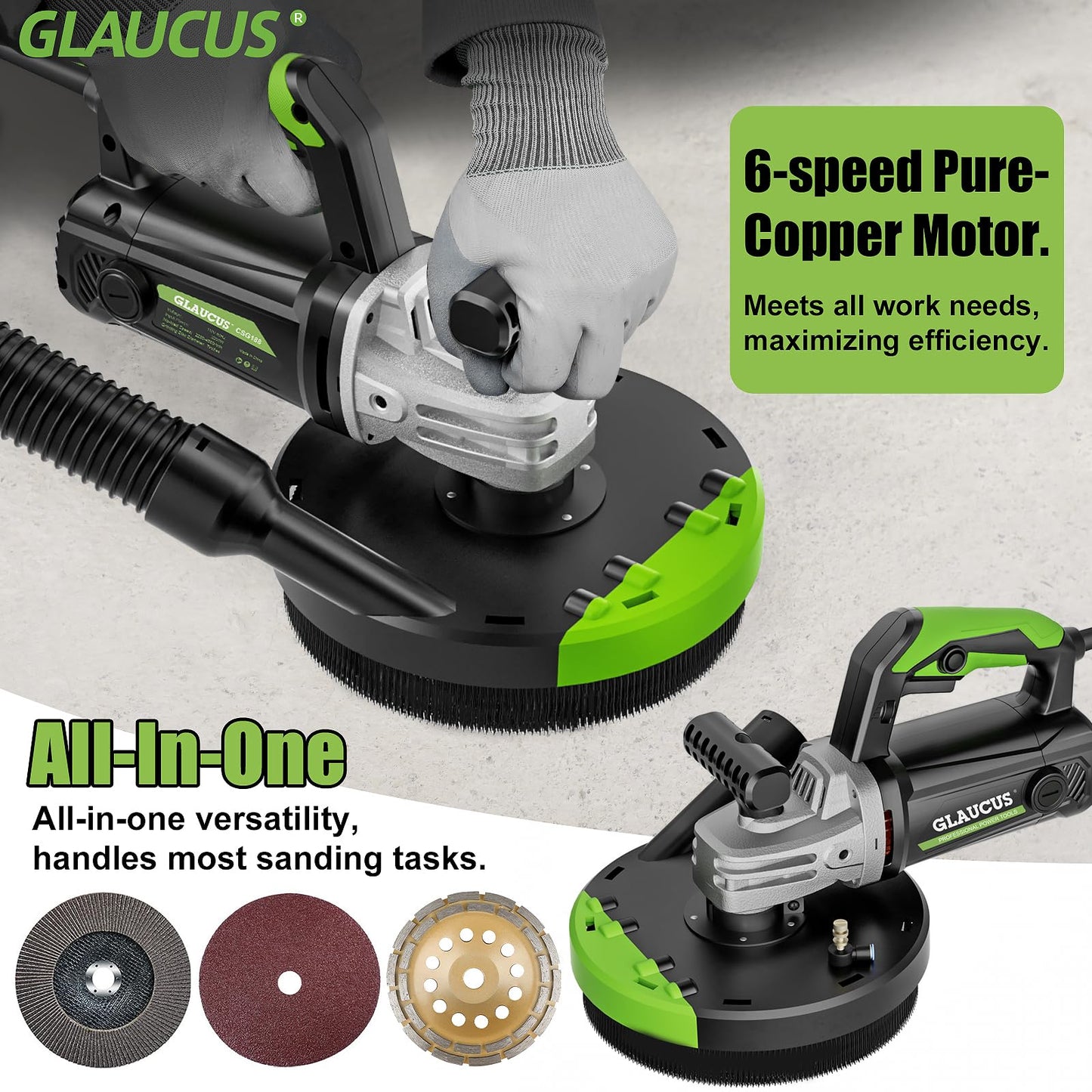 GLAUCUS® 7-Inch Concrete Surface Grinder, Angle Grinder Kit with Dust Shroud, floor grinder, 2200W Motor,Auxiliary Handle, Diamond Wheel, 90° Seamless sanding for Floor, Wall, Adhesive and Ceiling