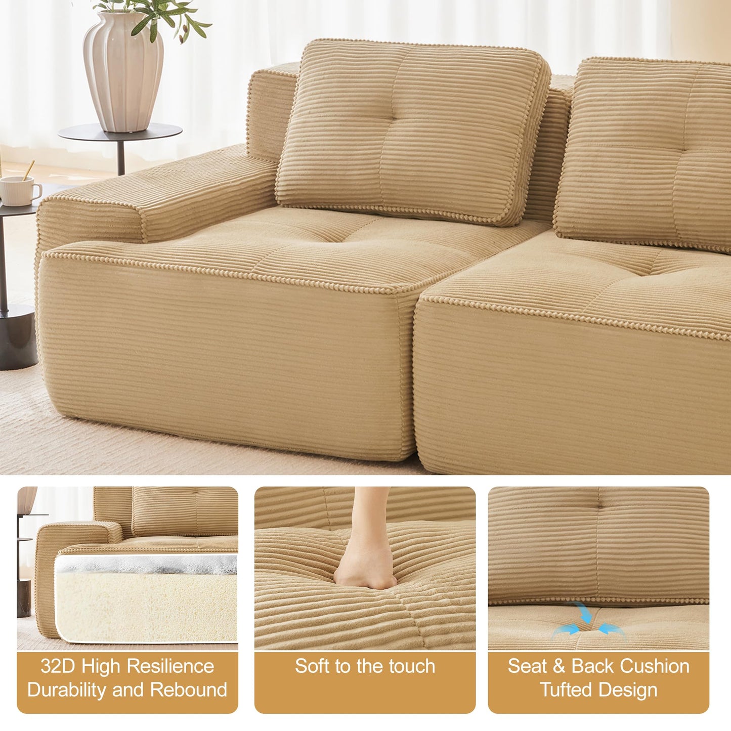 KEIKI 80" Oversized Corduroy Modular Sectional Loveseat Sofa with High-Density Foam Cushion & 2 Pillow, Upholstered Anti-slip Design 2-Seater Tufted Couch, No Assembly Required, for Living Room, Camel