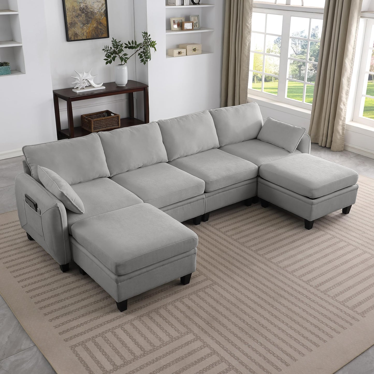 KEIKI 109 Inch Chenille Sectional Sofa Set, Modern U-Shaped Sleeper Cloud Couch with Storage Pockets & Ottoman, 6-Seater Modular Sofa Couches Bed for Apartment Living Room Lounge, Easy Assembly, Grey