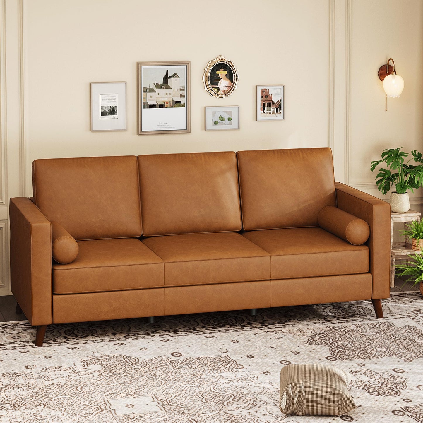 GAOMON 86" Leather Sofa, Mid-Century Modern Couch, Faux Leather Couch with Deep Seats, 3-Seat Sofa for Living Room, Office, Cognac Tan