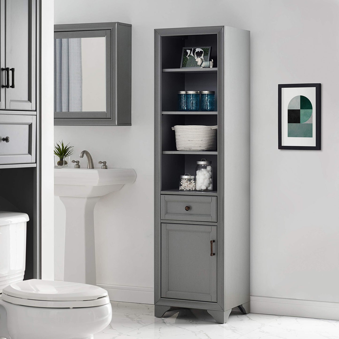 Crosley Furniture Tara Linen Storage Cabinet and Bathroom Organizer with a Drawer and Shelves, Vintage Gray