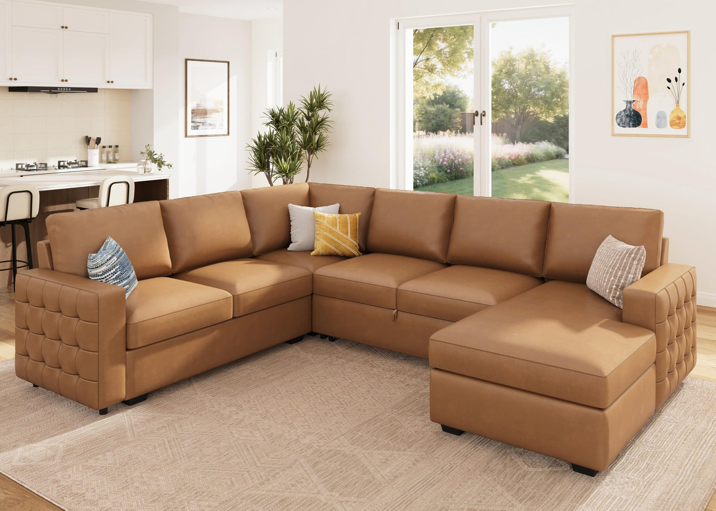 HONBAY Sleeper Sectional Couch with Pull-Out Bed Sectional Sleeper Sofa Pull Out Bed with Storage Chaise, 6 Seaters Couch for Living Room, Faux Leather Brown