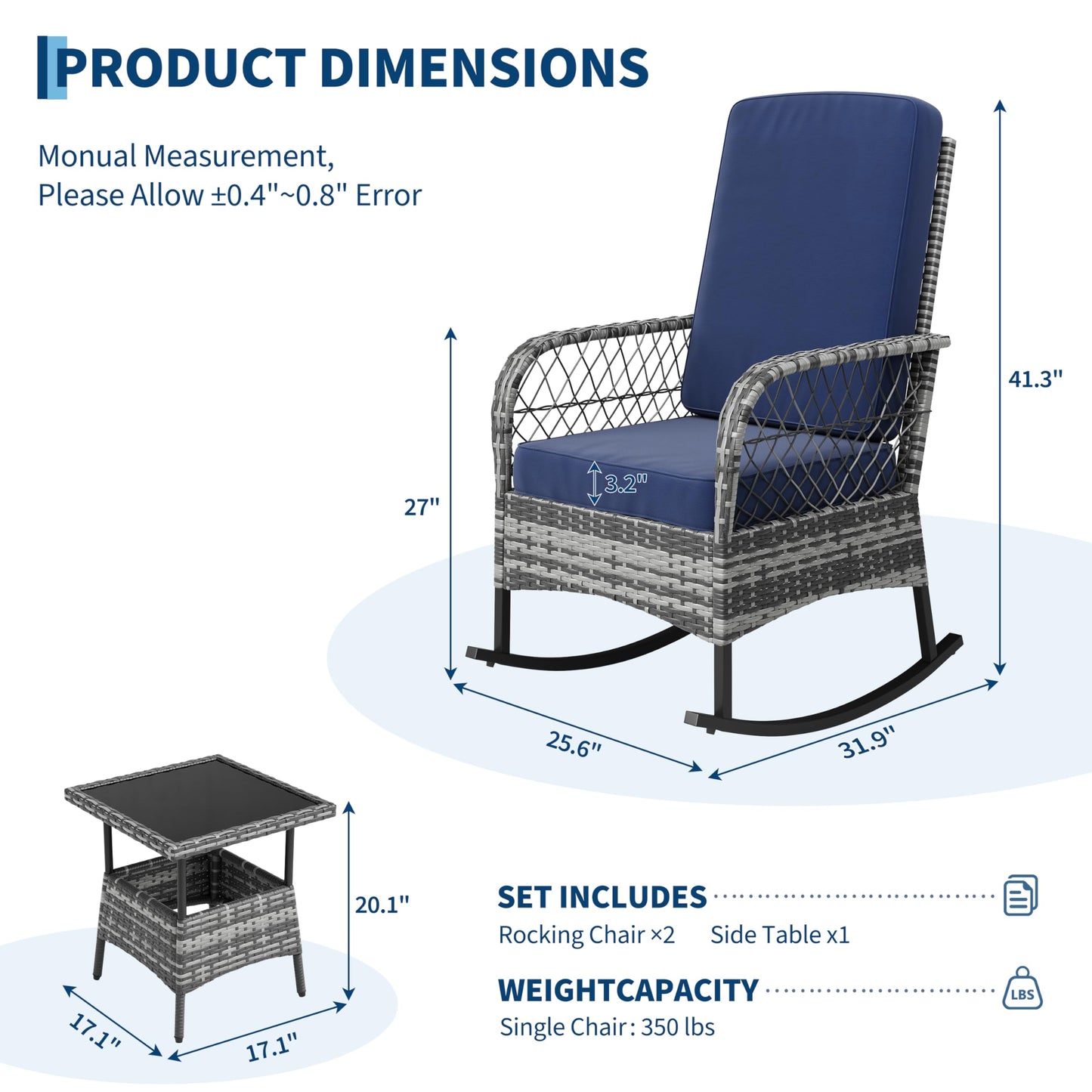 GarveeHome 3-Piece Outdoor Rocking Chair Set, Wicker Rattan Patio Furniture with Glass-Top Coffee Table, Modern Conversation Seating with Cushions for Porch, Backyard (Gary Rattan & Blue Cushion)