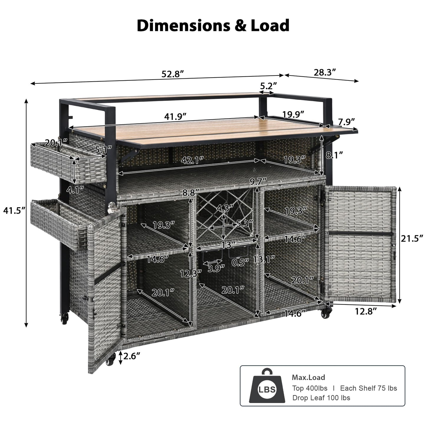 YOPTO 52.8" W Wicker Outdoor Grill Cart with Extended Poly-Wood Table Top - Drop Leaf Design,7 Shelves & Wine Rack,Rolling Kitchen Island on Lockable Wheels,for Patio,Backyard,Poolside & Garden,Grey