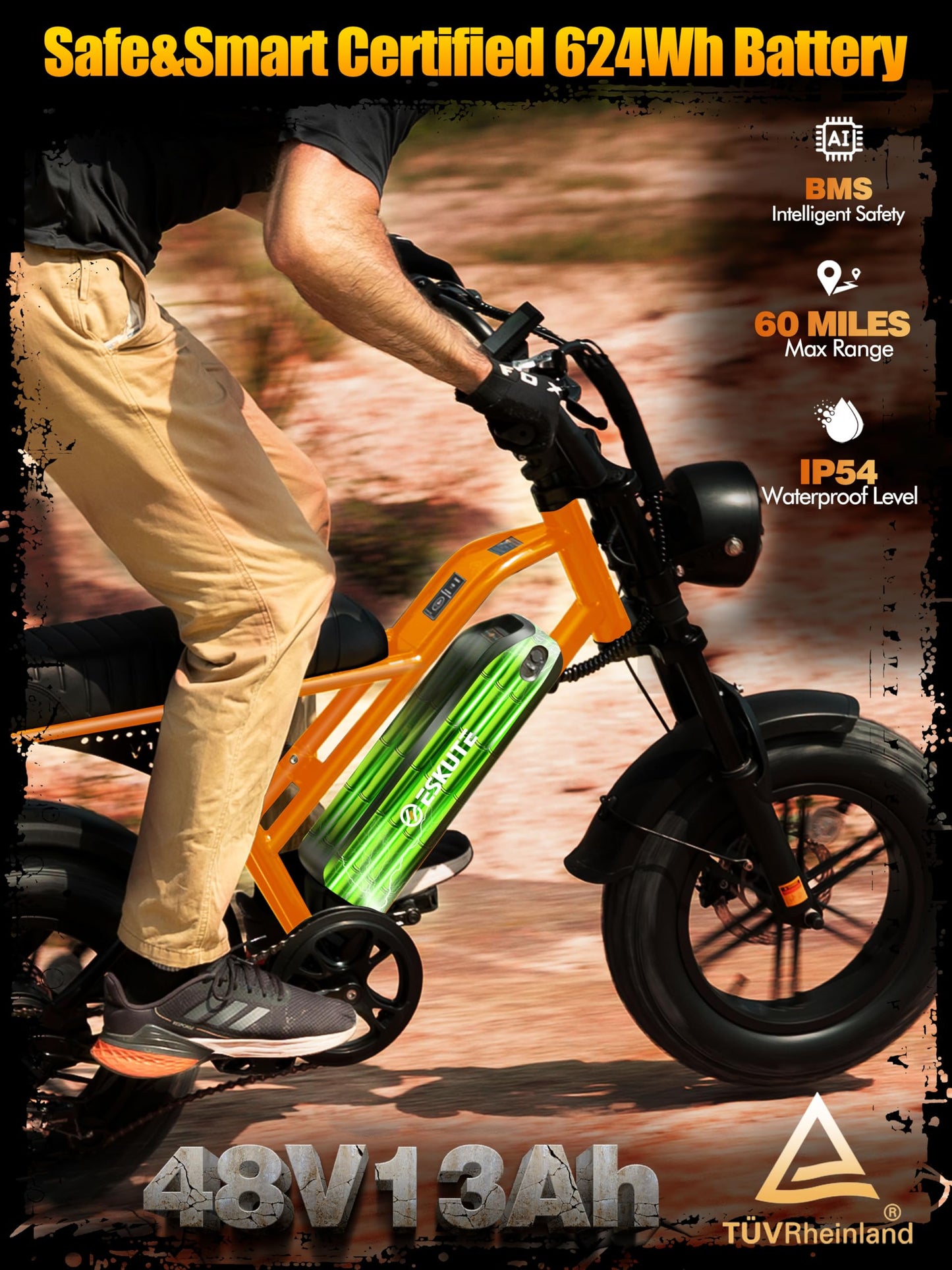 ESKUTE Electric Bike for Adults – 1500W Peak Motor, 48V 13Ah Battery, 20+MPH, Dual Suspension, 16"x4.0" Fat Tire E-Moped, 7-Speed, Up to 60 Miles, Commuter E-Bike, Orange