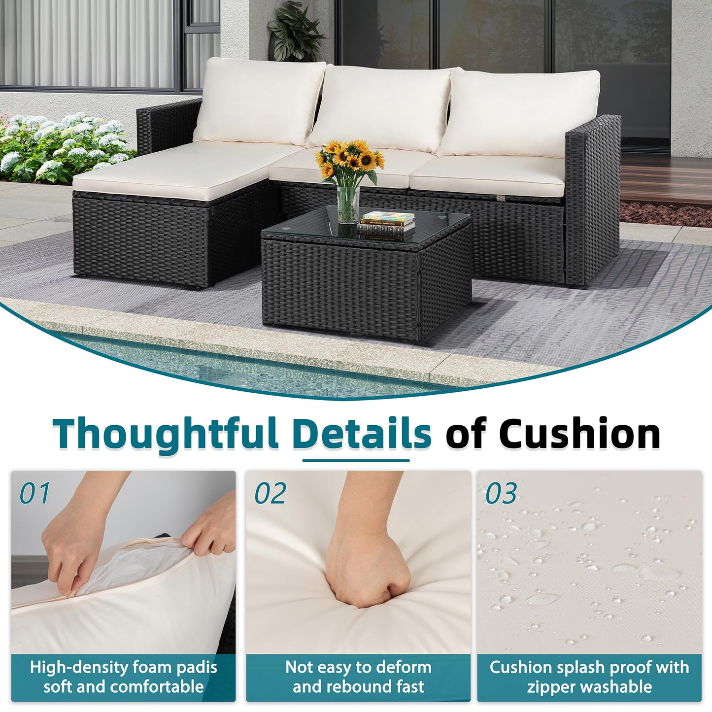 SUNLEI 3 Piece Patio Furniture Set, Outdoor PE Rattan Sectional Sofa Set with Ottoman, Detachable Cushions and Glass Coffee Table, Patio Conversation Set for Backyard Balcony Porch, Black/White